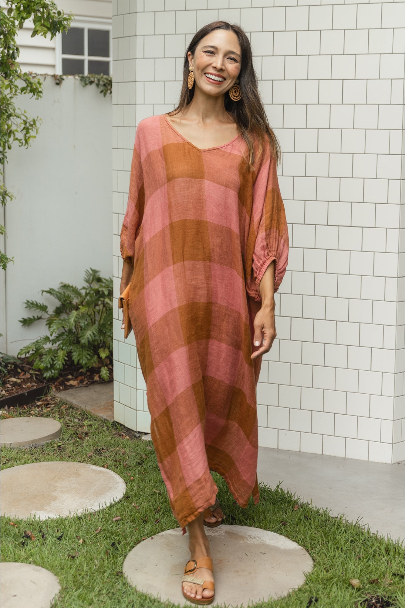 Marcel Orange Check Linen Dress Front View 2