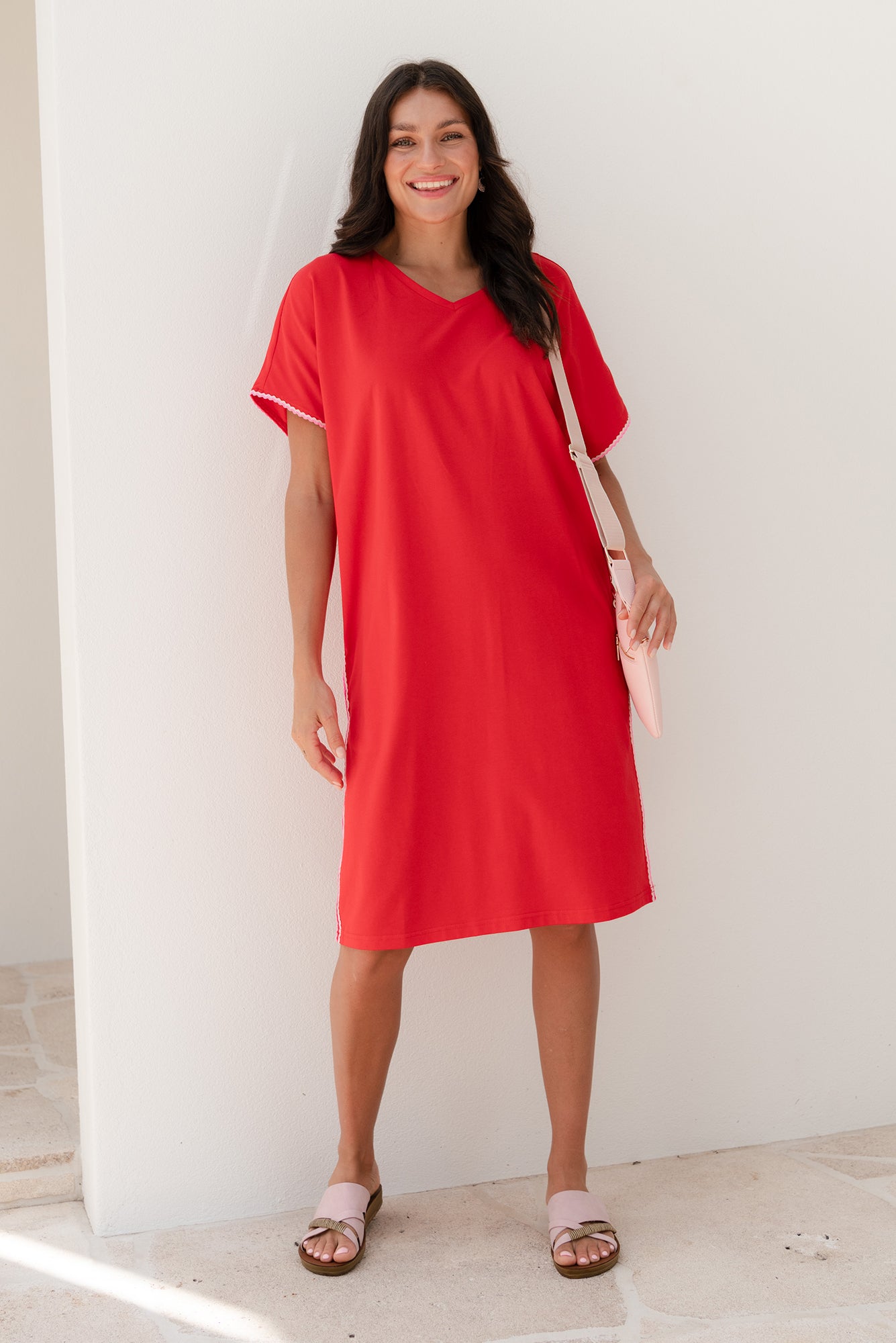 Stellar Red Contrast Cotton Tee Dress Front View 2
