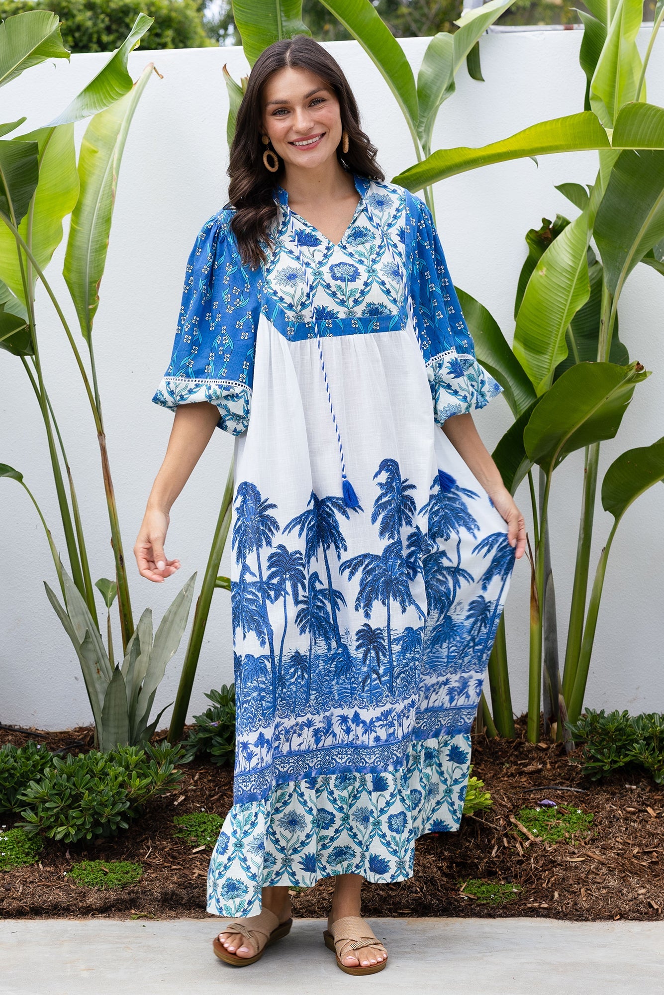 Shari Blue Tropical Cotton Dress Front View 2