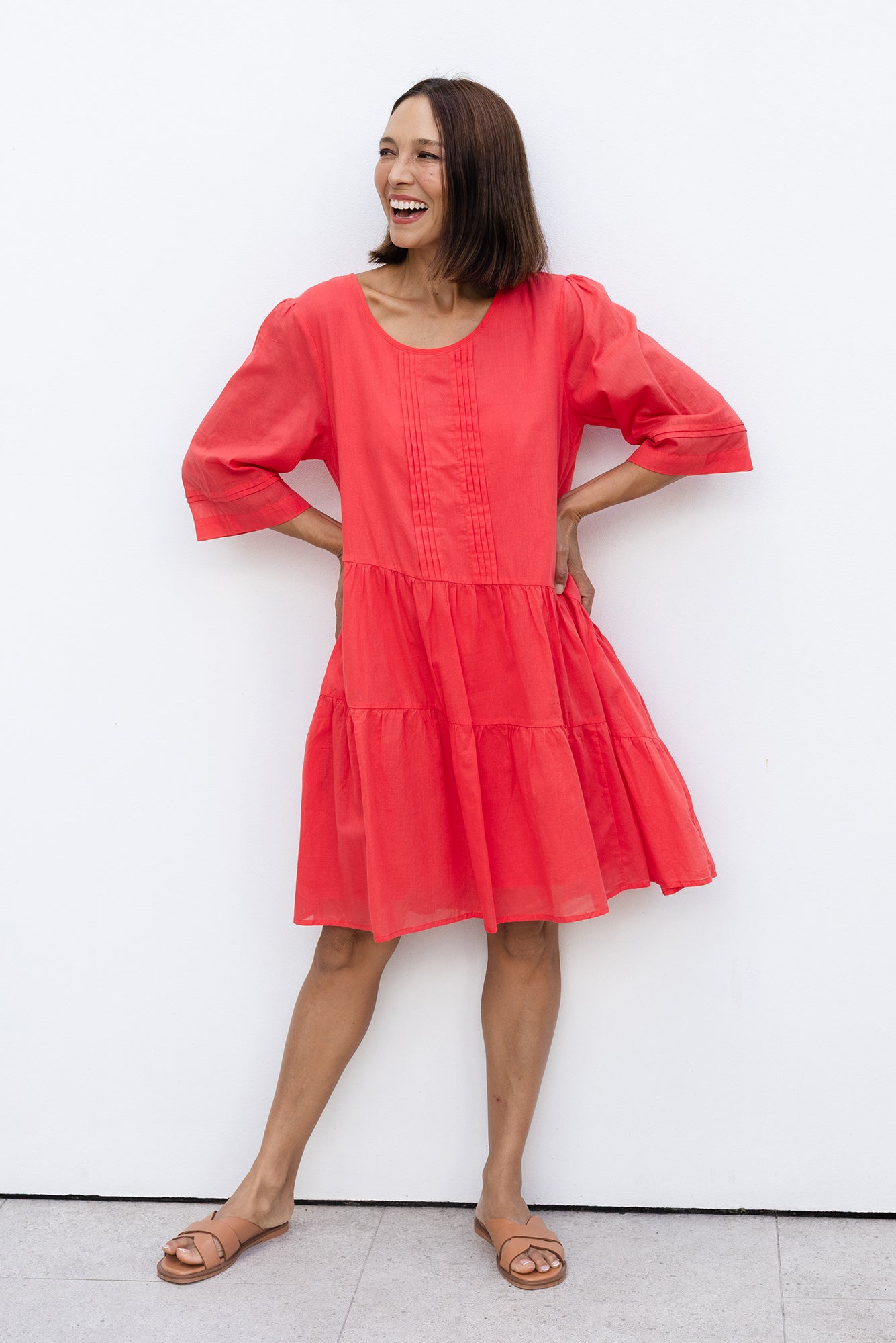 Portia Red Cotton Asymmetrical Dress Front View 2