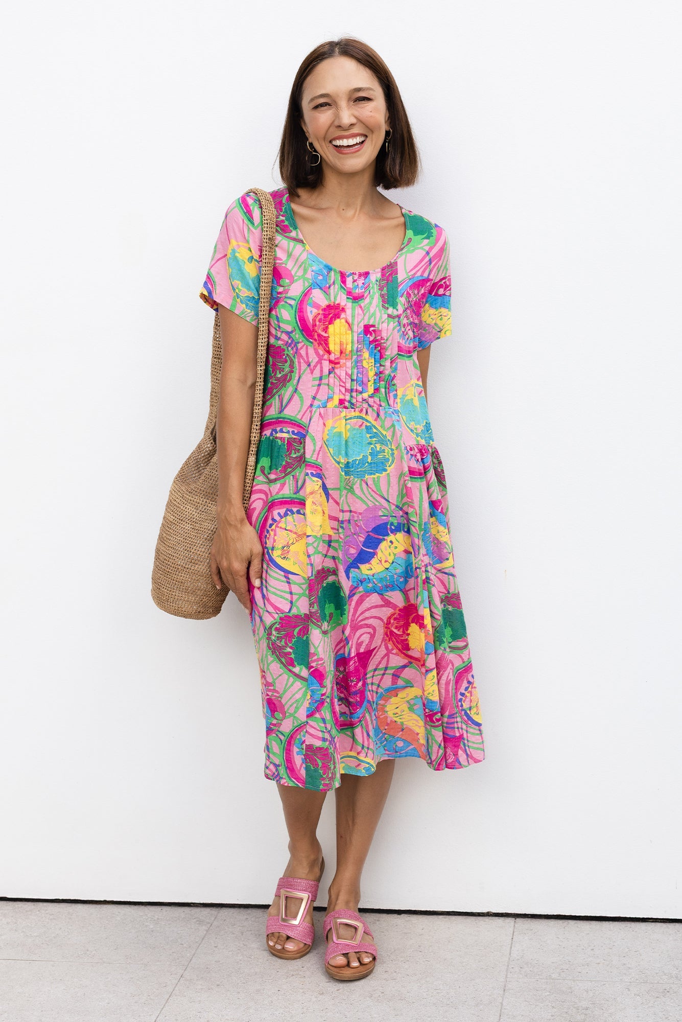Murano Pink Tropical Cotton Dress Front View 2