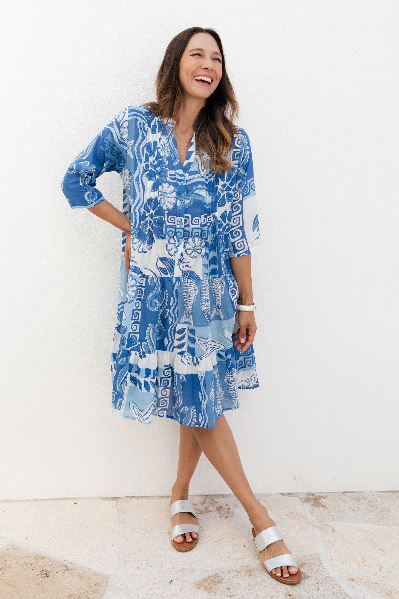 Larissa Blue Ocean Cotton Pleated Dress Front View 2