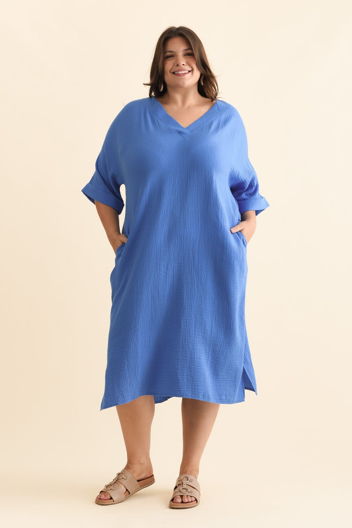 Roma Cobalt Cotton Cheesecloth Dress Side View 2