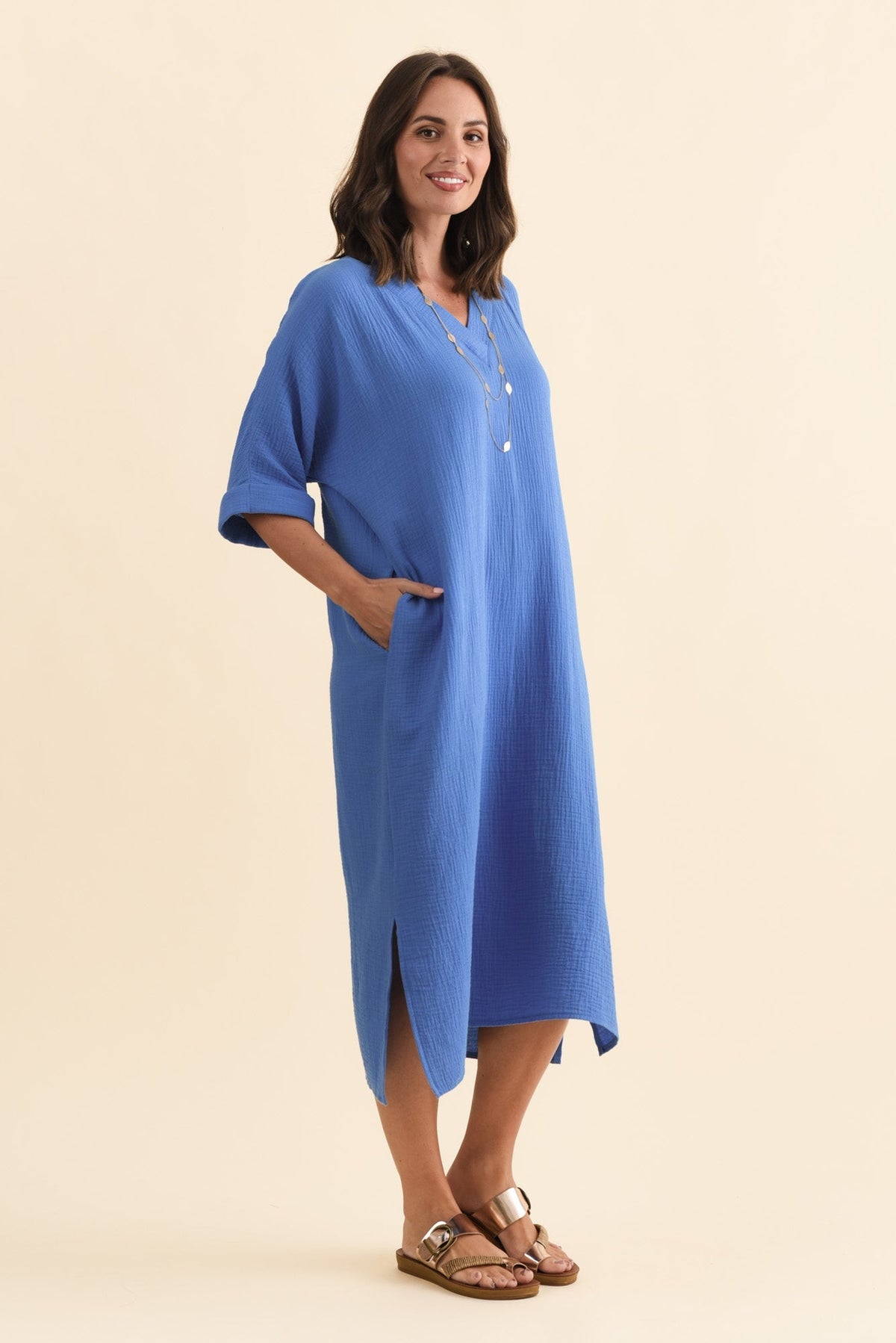 Roma Cobalt Cotton Cheesecloth Dress Back View
