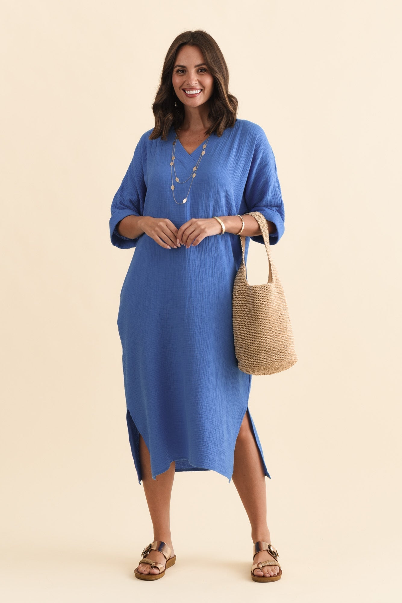 Roma Cobalt Cotton Cheesecloth Dress Front View 2