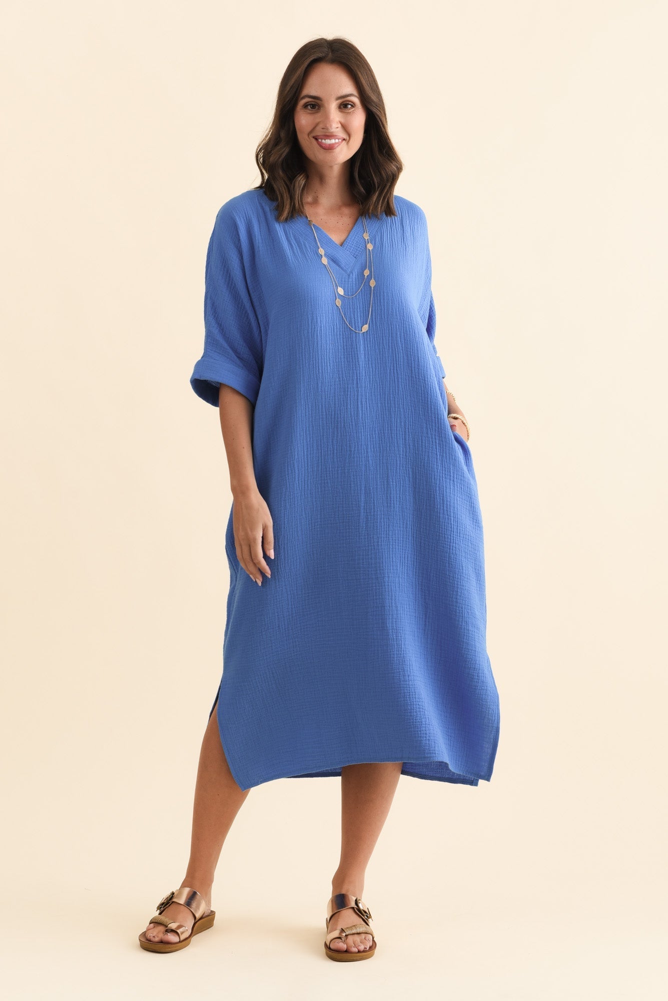 Roma Cobalt Cotton Cheesecloth Dress Front View