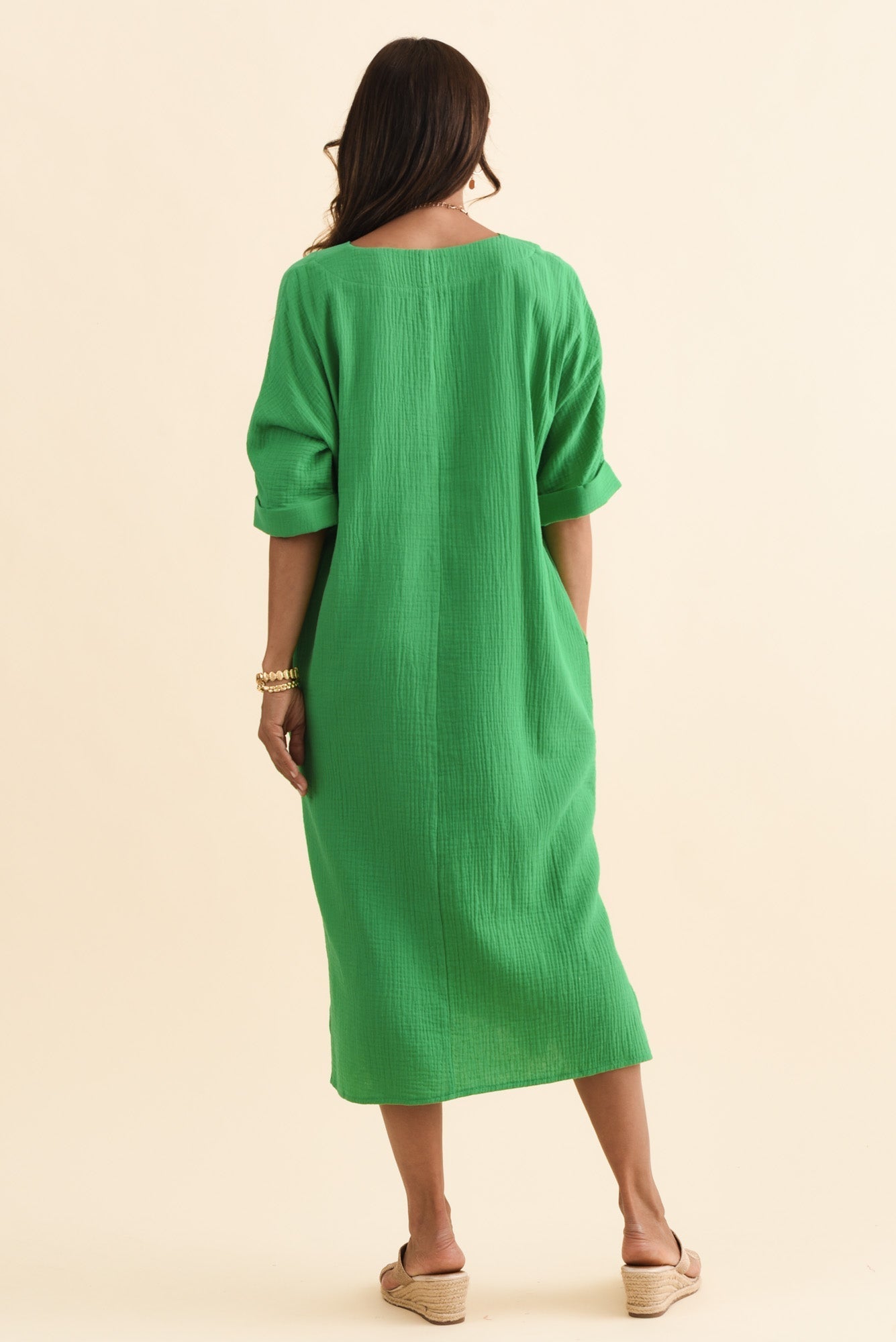 Roma Green Cotton Cheesecloth Dress Detail View