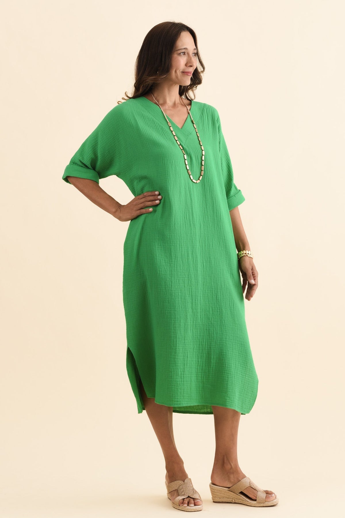 Roma Green Cotton Cheesecloth Dress Side View
