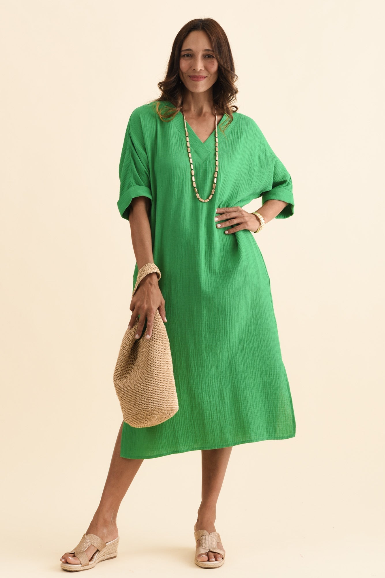 Roma Green Cotton Cheesecloth Dress Front View