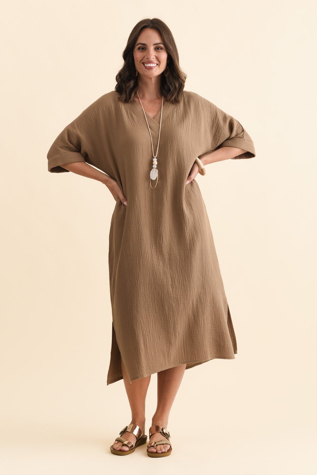 Roma Mocha Cotton Cheesecloth Dress Full Length View