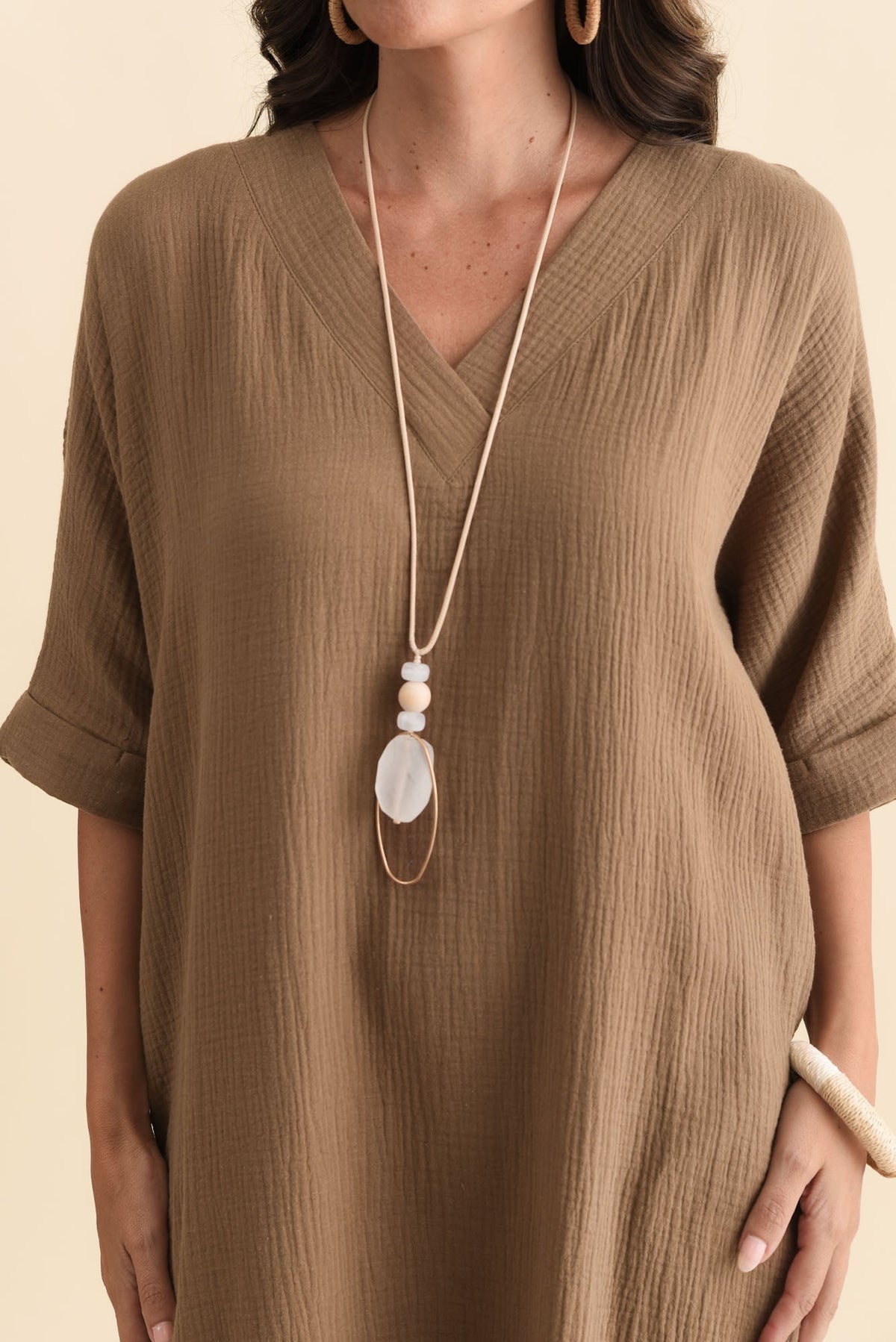Roma Mocha Cotton Cheesecloth Dress Detail View