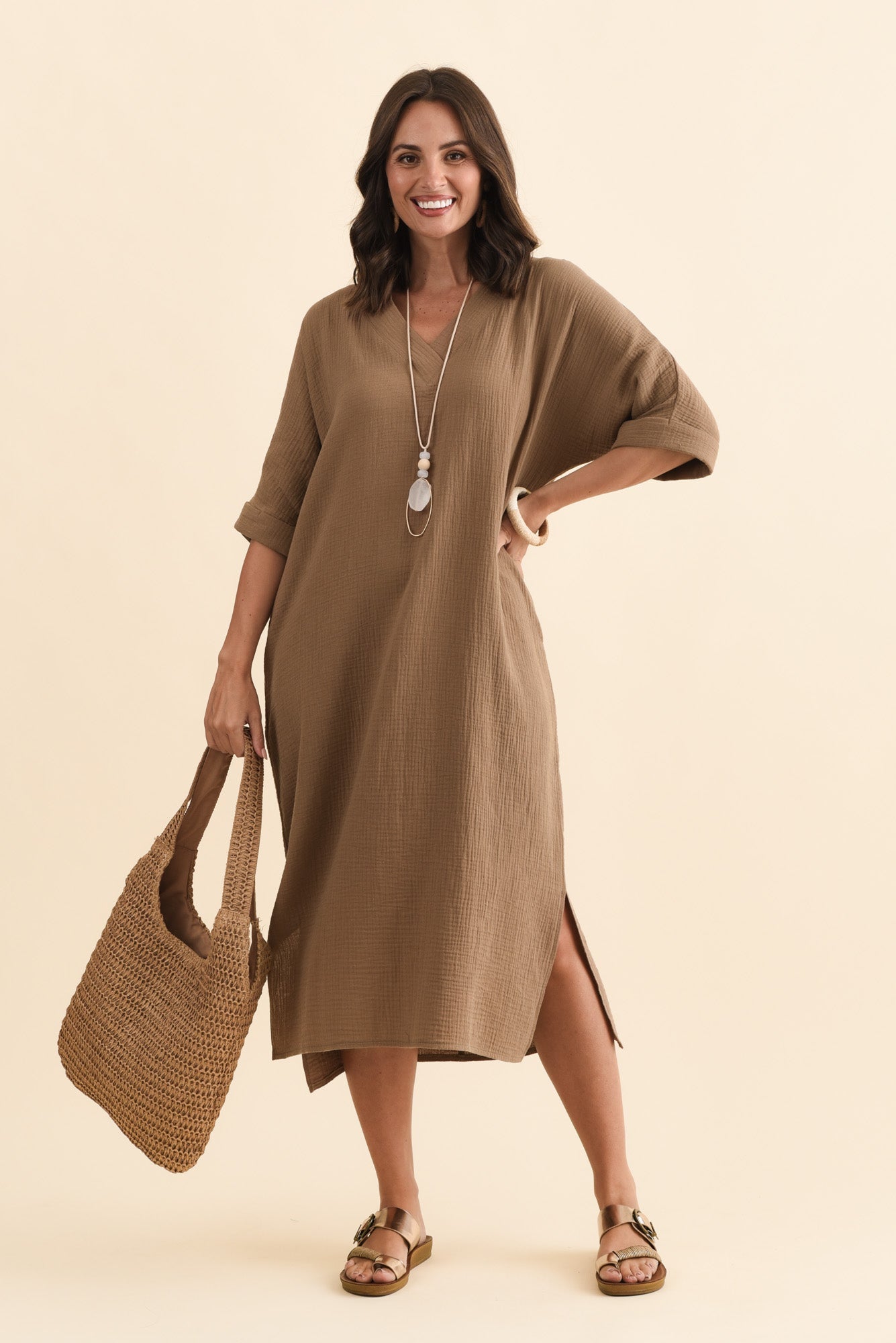 Roma Mocha Cotton Cheesecloth Dress Front View 2