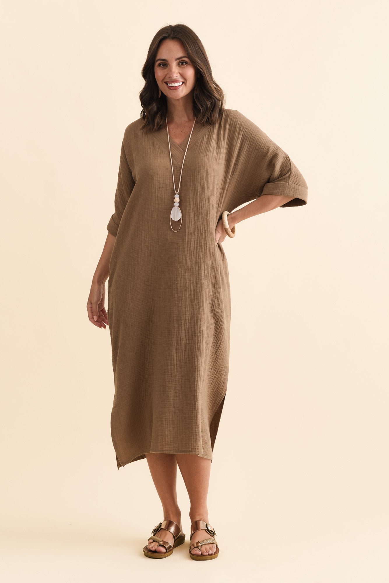 Roma Mocha Cotton Cheesecloth Dress Front View