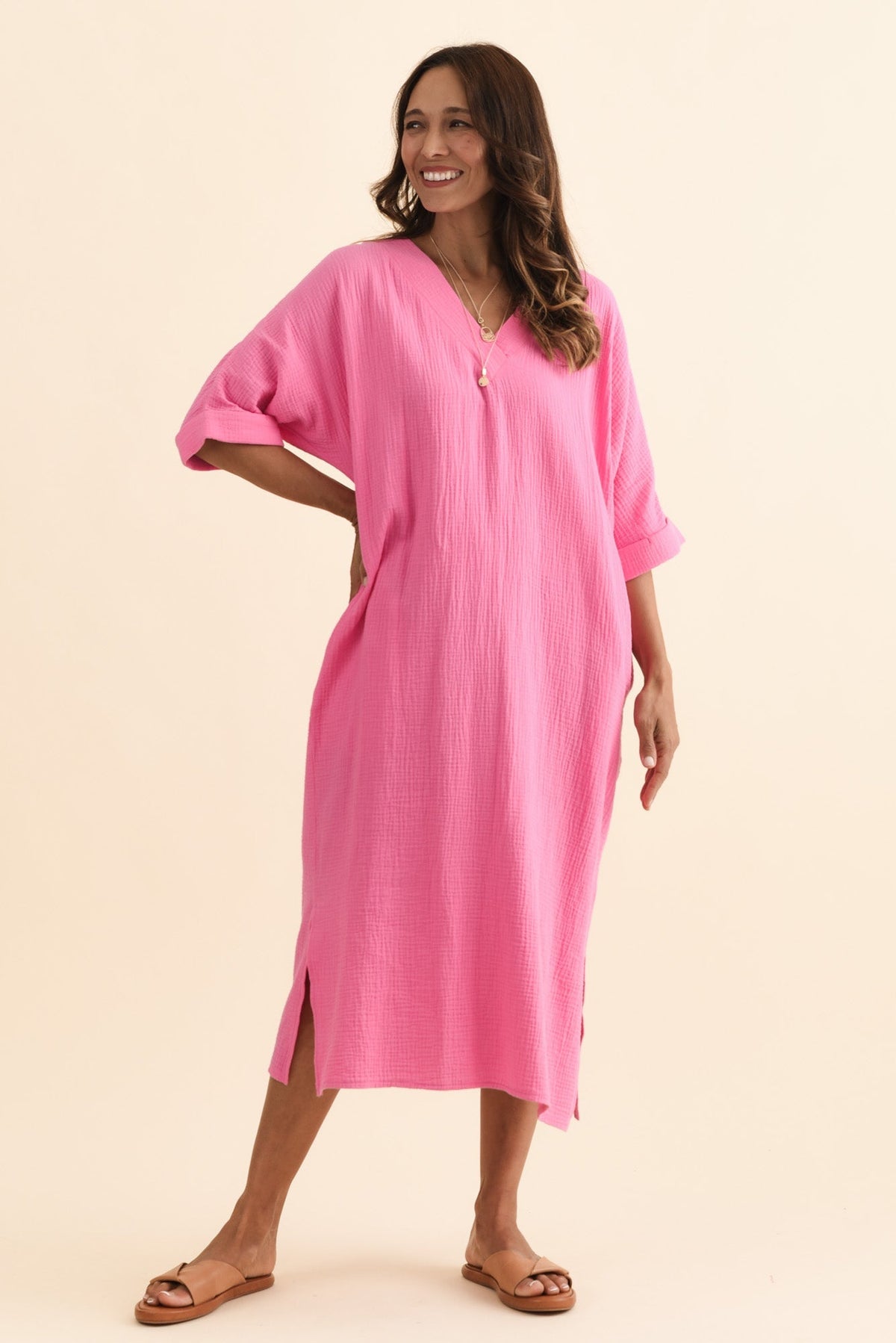 Roma Pink Cotton Cheesecloth Dress Full Length View