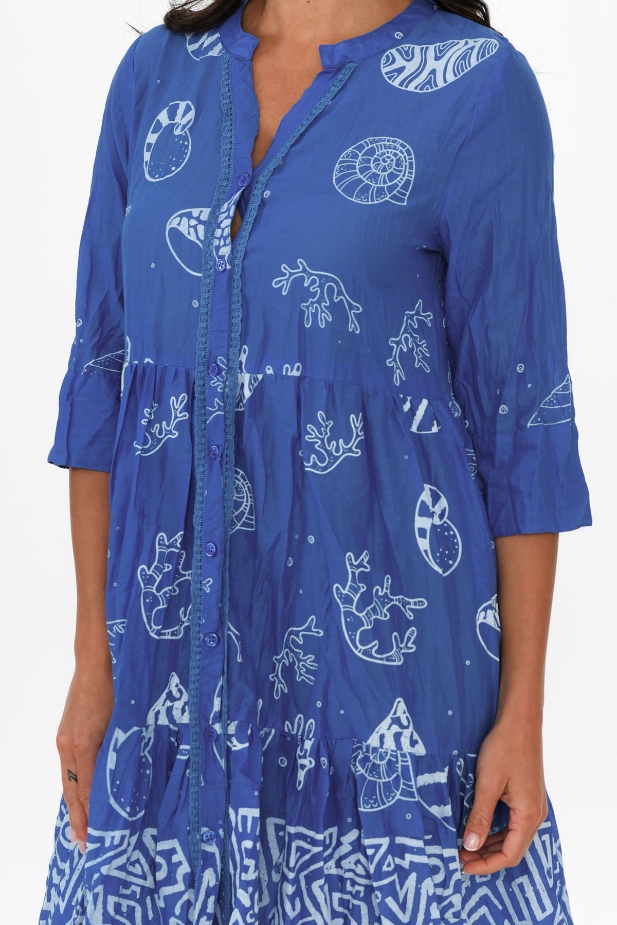 Romy Cobalt Seashell Crinkle Cotton Dress Detail View