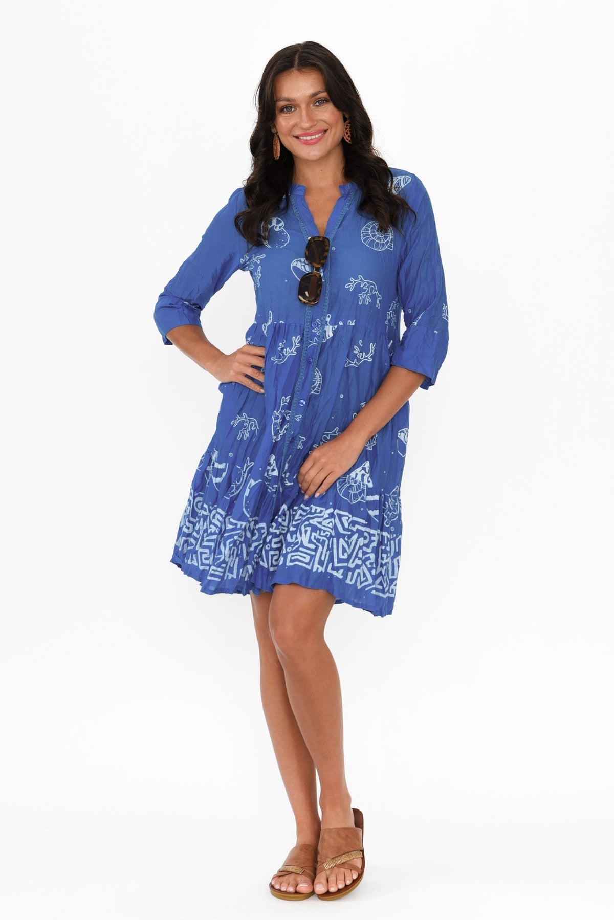 Romy Cobalt Seashell Crinkle Cotton Dress Full Length View