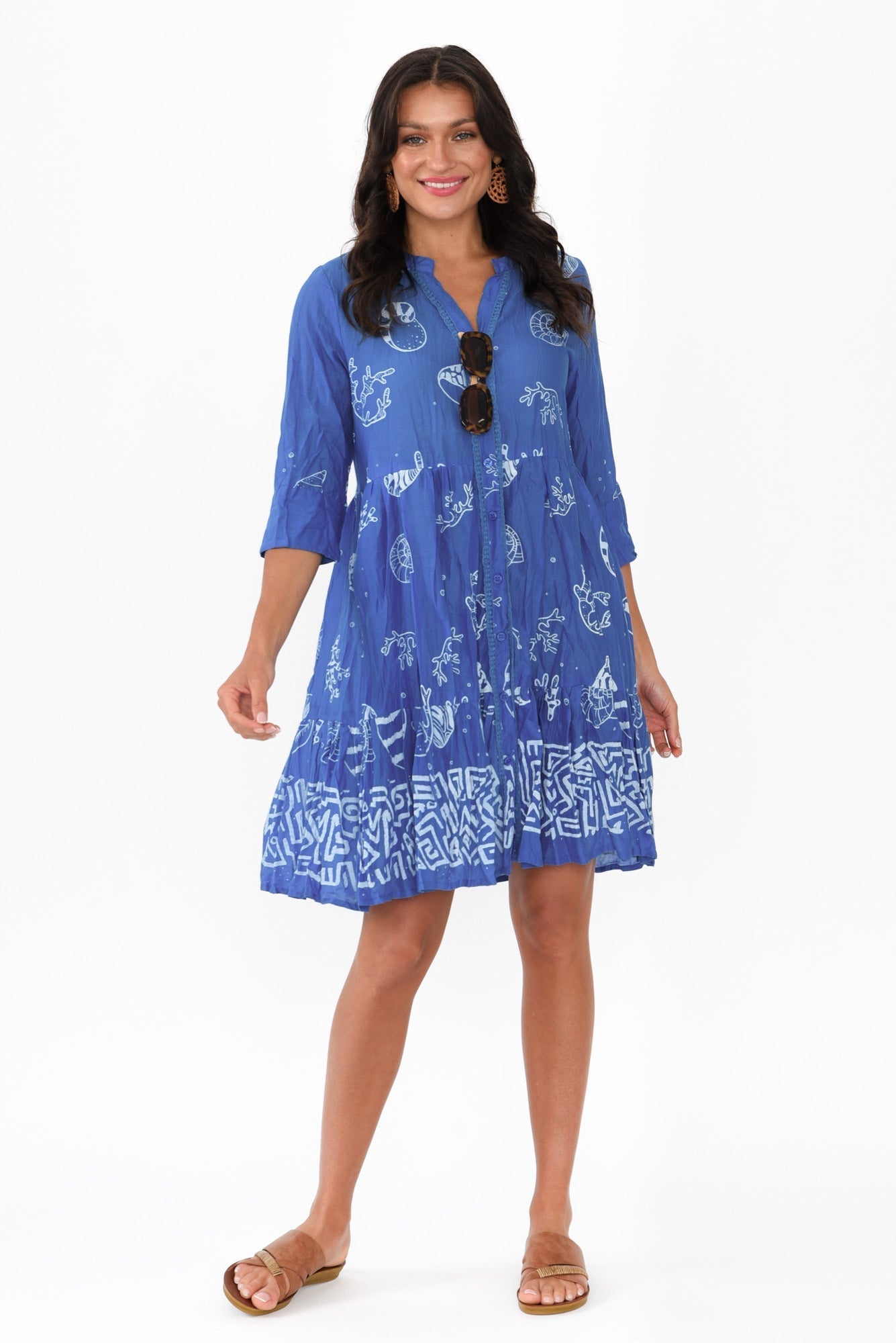 Romy Cobalt Seashell Crinkle Cotton Dress Front View