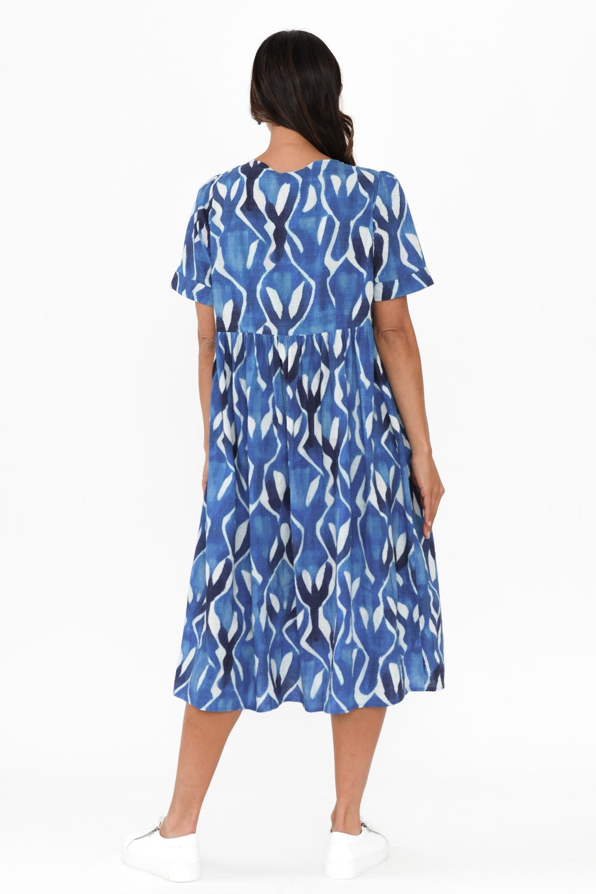 Rory Blue Abstract Cotton Button Dress Back View