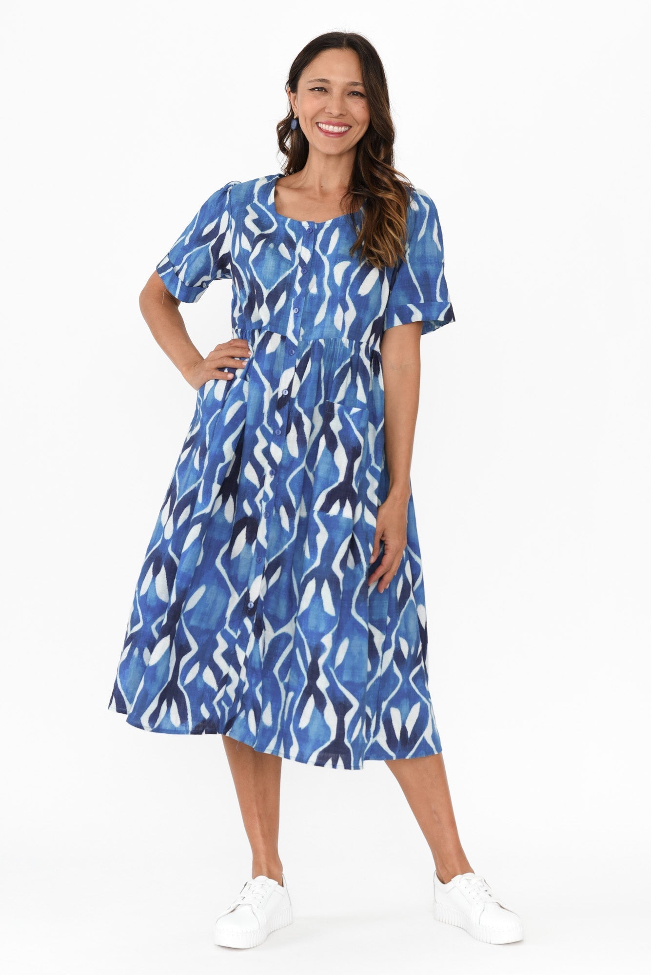 Rory Blue Abstract Cotton Button Dress Front View