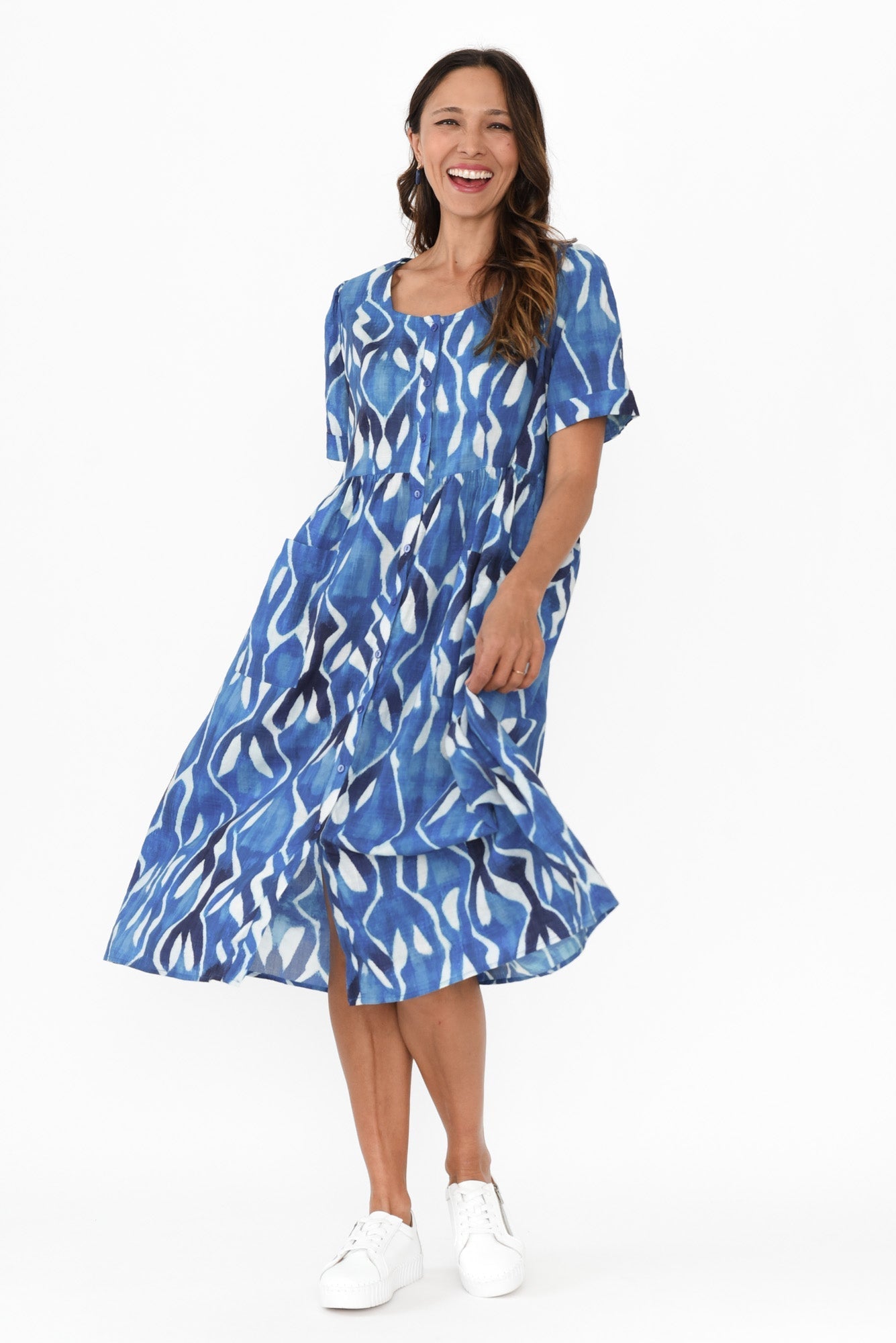 Rory Blue Abstract Cotton Button Dress Front View 2
