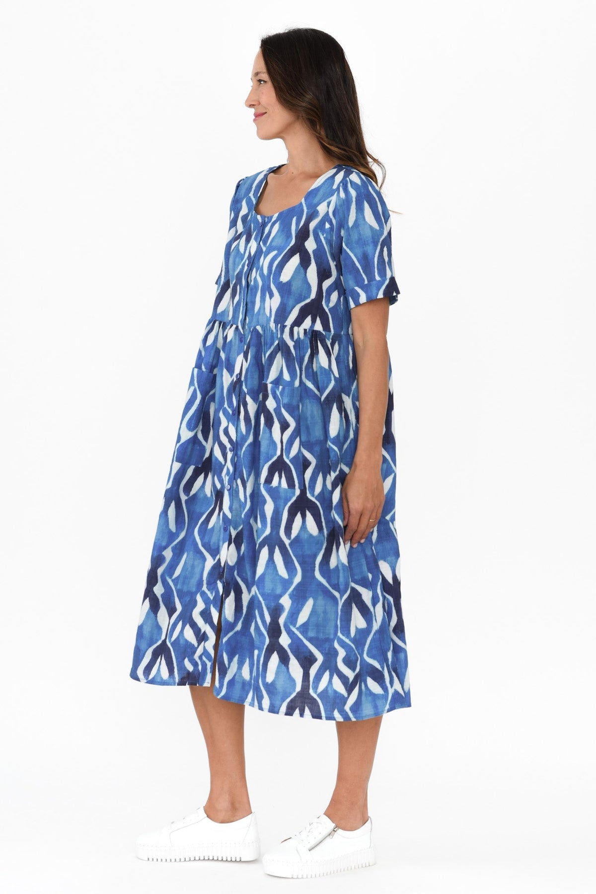 Rory Blue Abstract Cotton Button Dress Side View