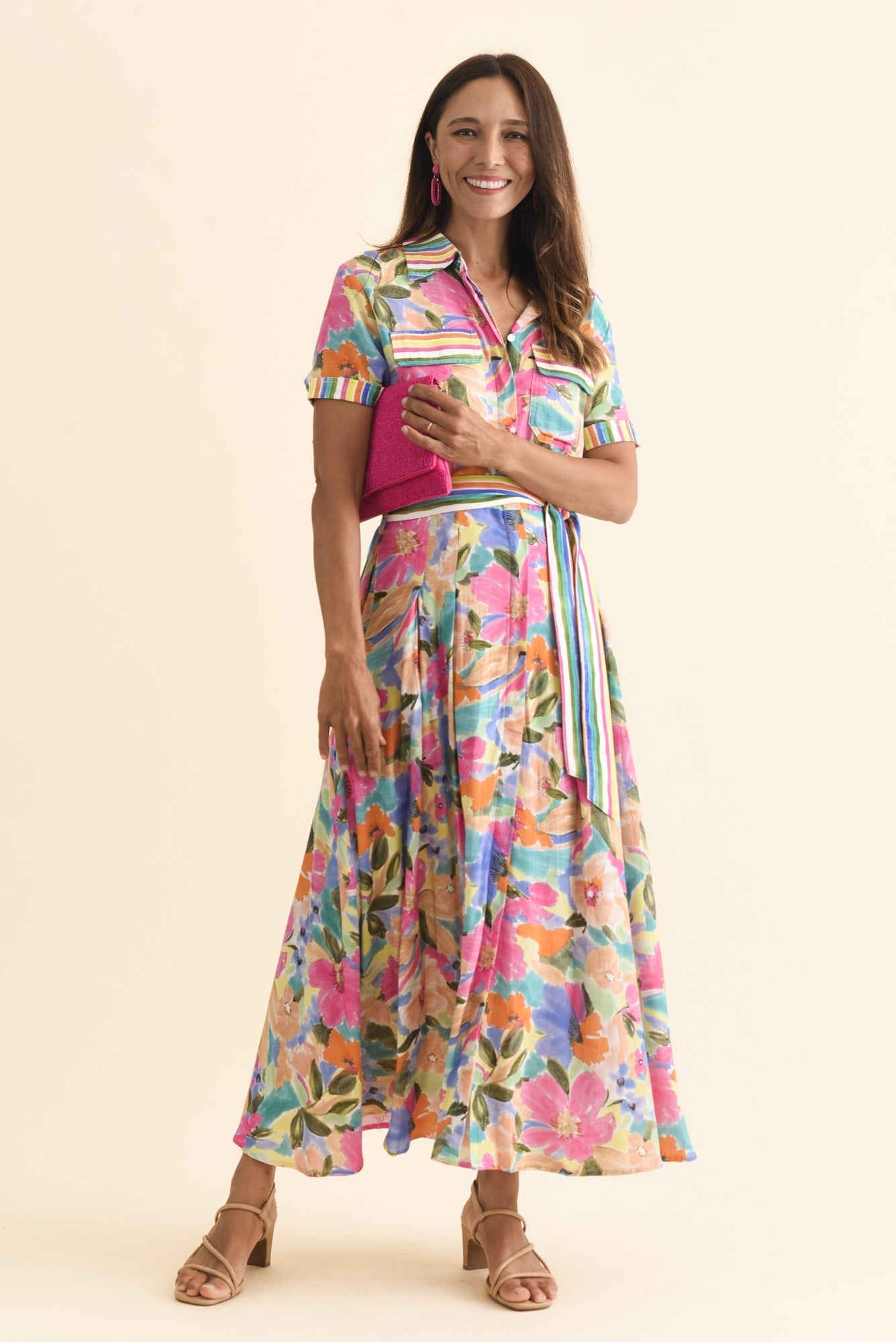 Rossellini Pink Floral Tie Maxi Dress Front View