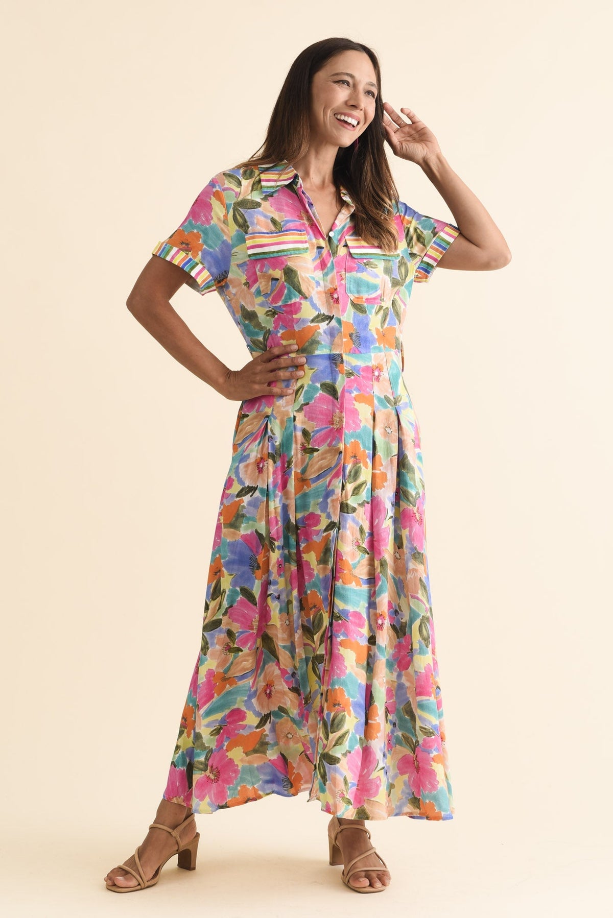 Rossellini Pink Floral Tie Maxi Dress Full Length View