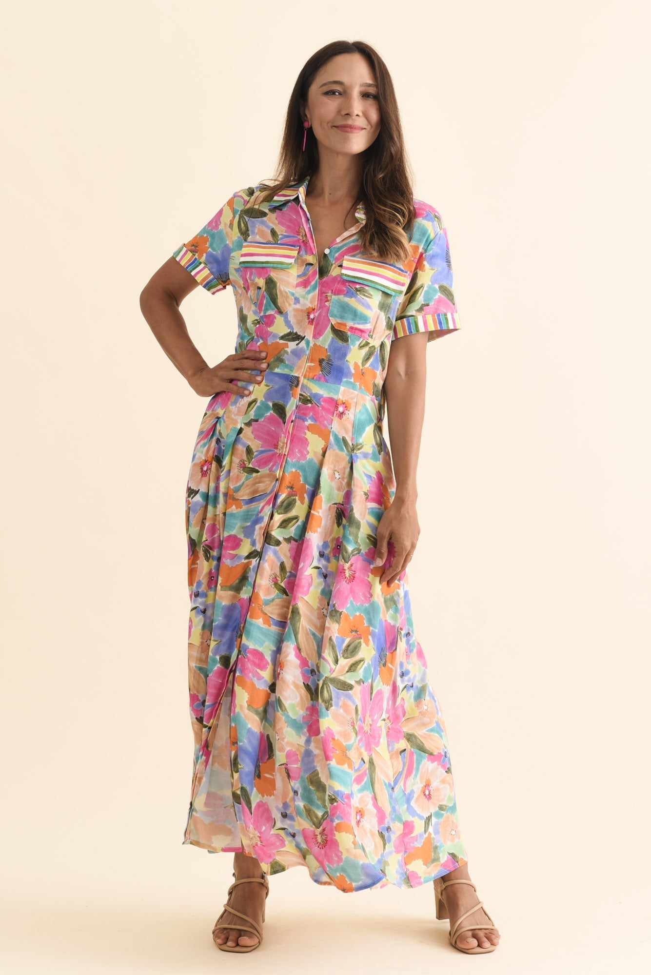 Rossellini Pink Floral Tie Maxi Dress Front View 2