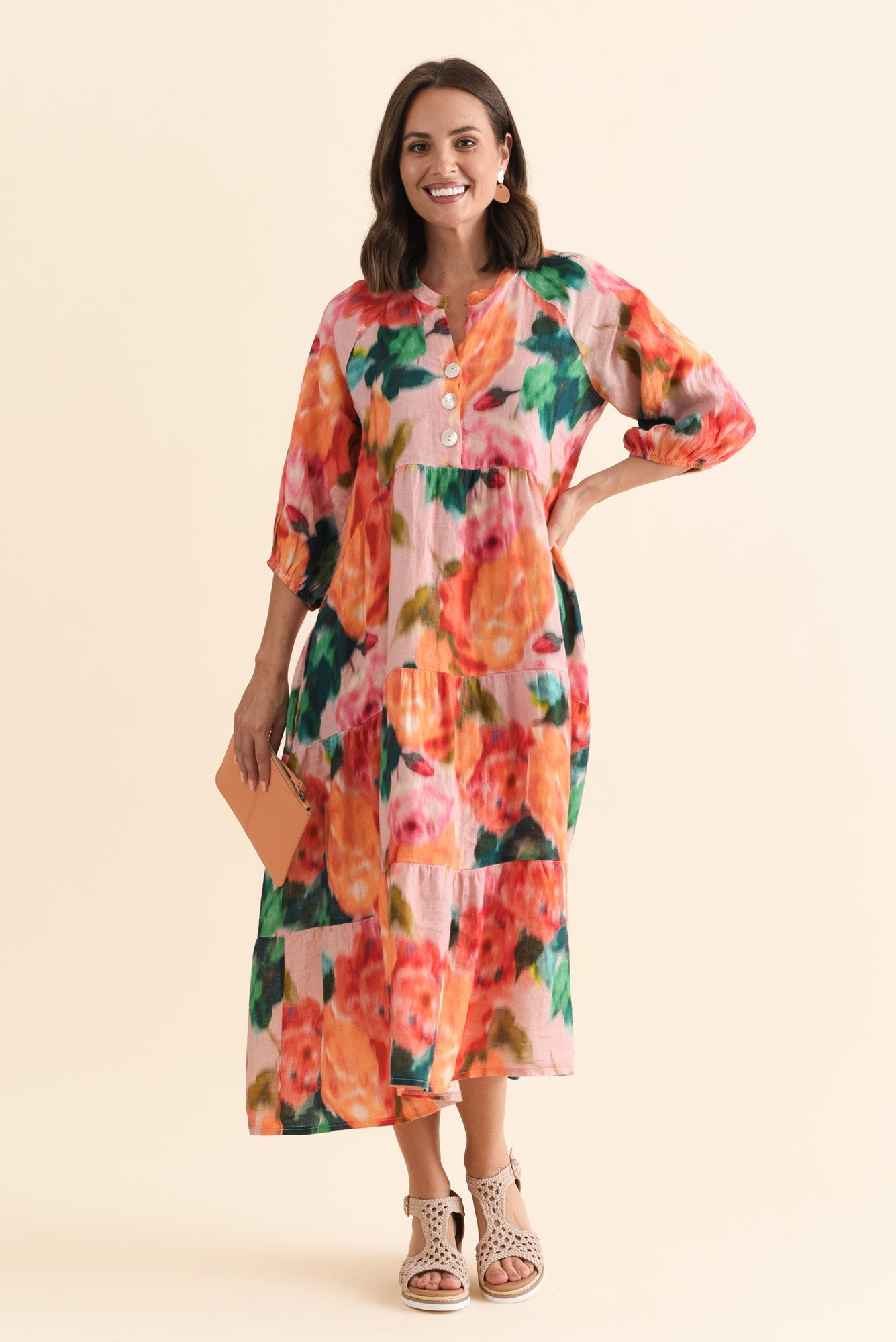 Ruthie Orange Floral Linen Button Dress Front View 2
