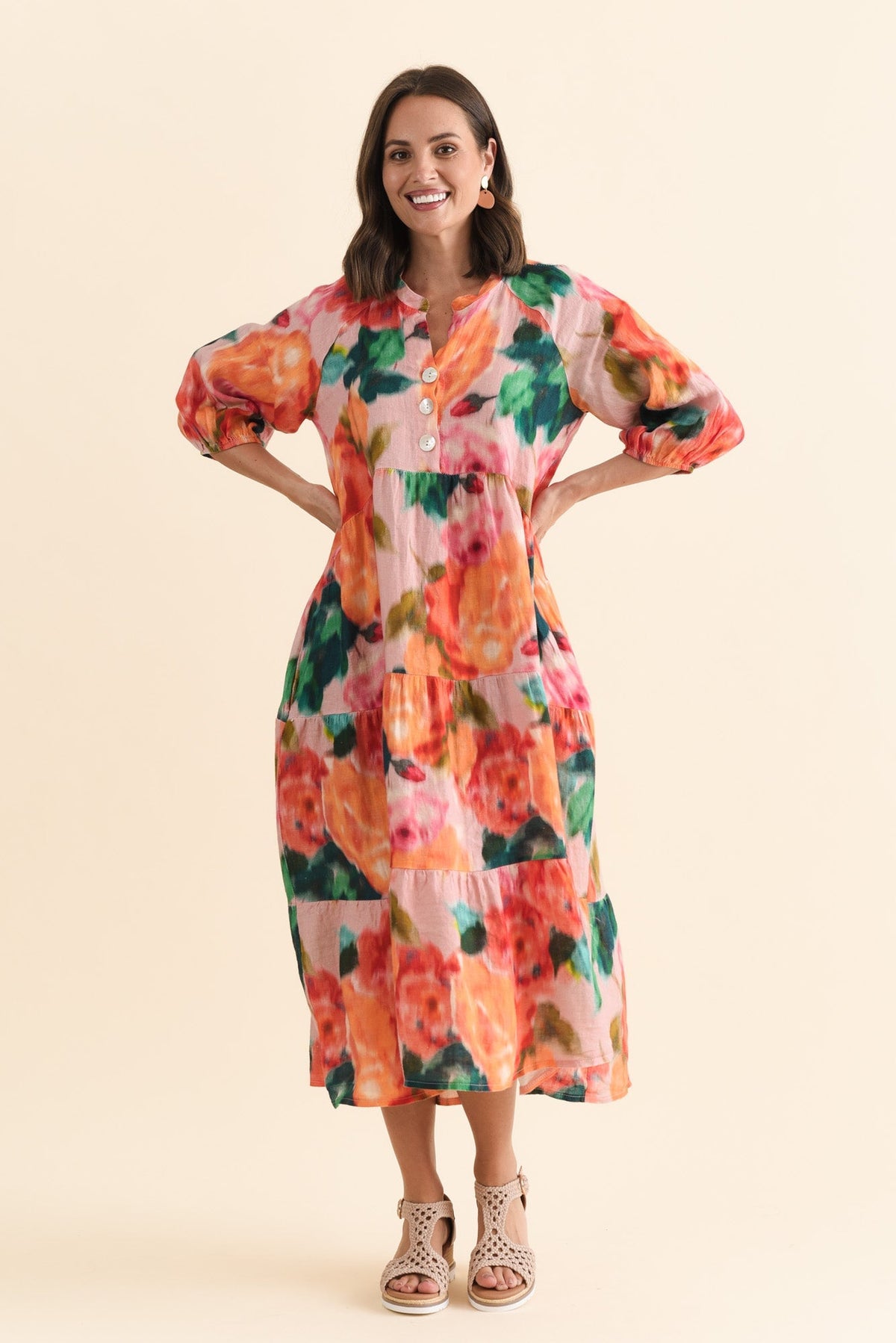Ruthie Orange Floral Linen Button Dress Full Length View
