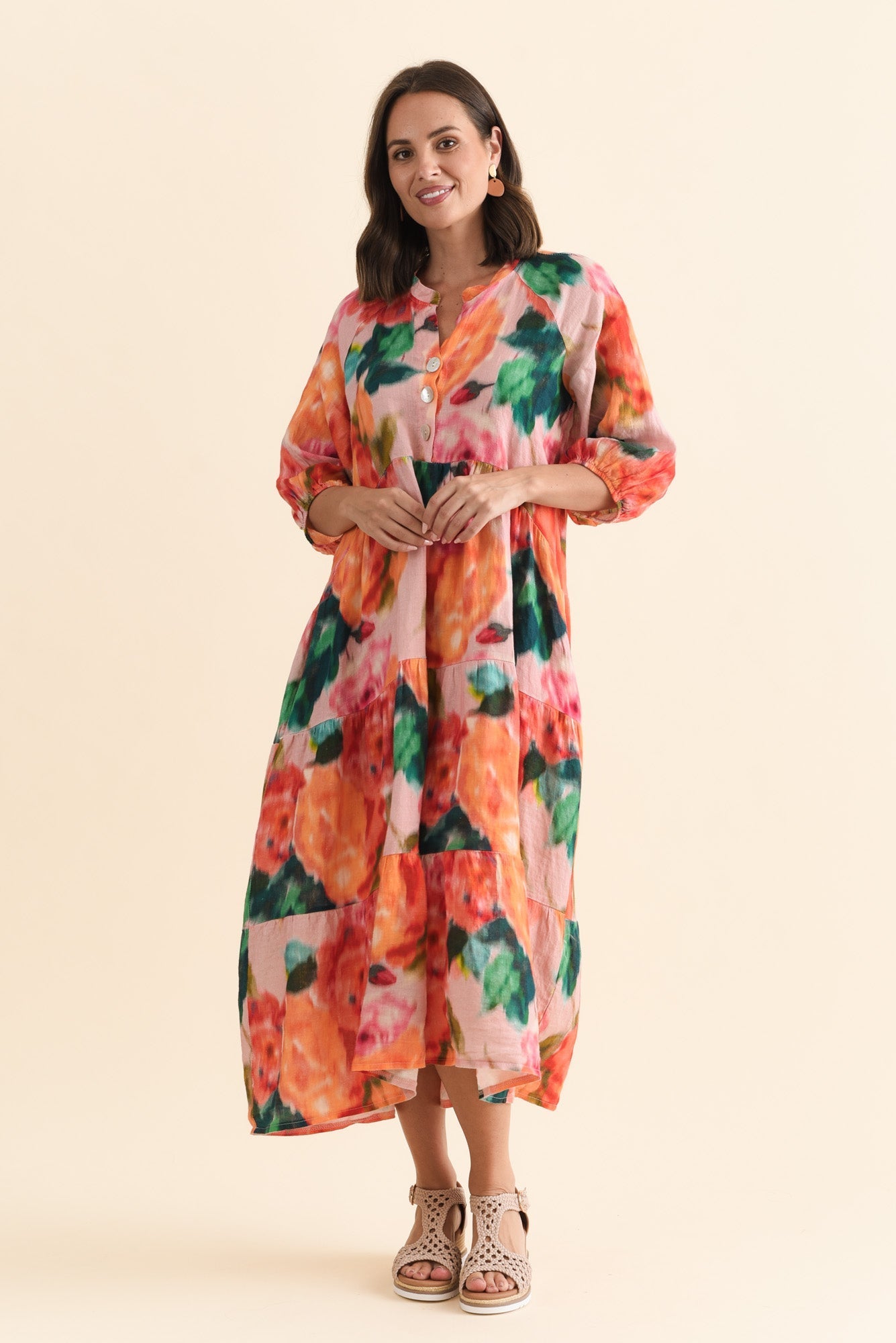 Ruthie Orange Floral Linen Button Dress Front View