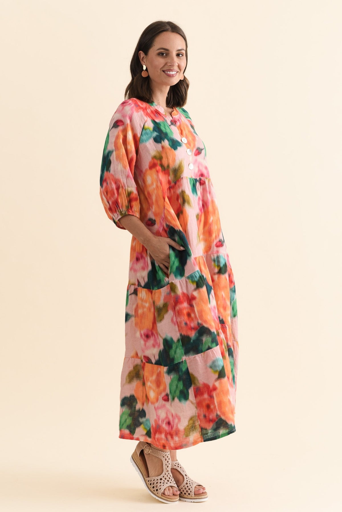Ruthie Orange Floral Linen Button Dress Back View