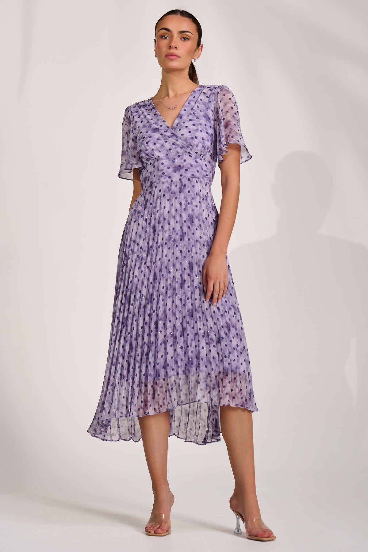Printed Chiffon Glitter Maxi Dress Blue Spot Front View
