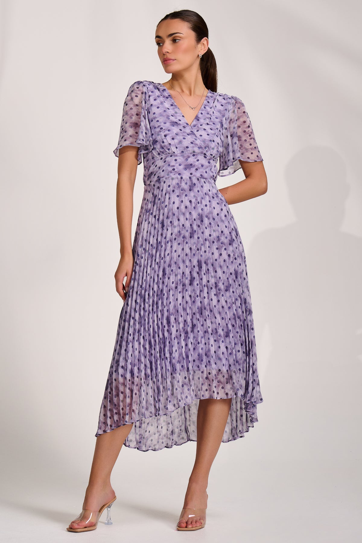 Printed Chiffon Glitter Maxi Dress Blue Spot Side View