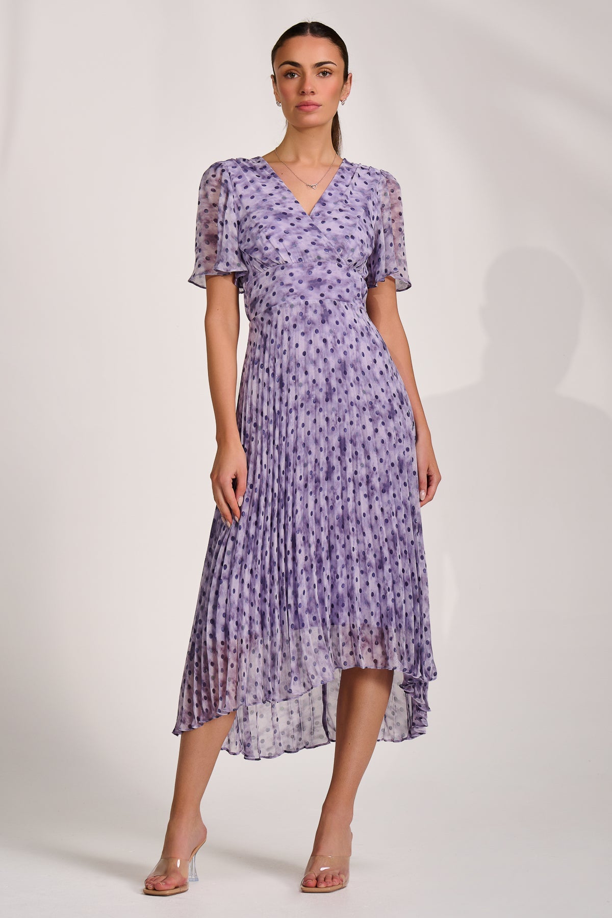 Printed Chiffon Glitter Maxi Dress Blue Spot Detail View