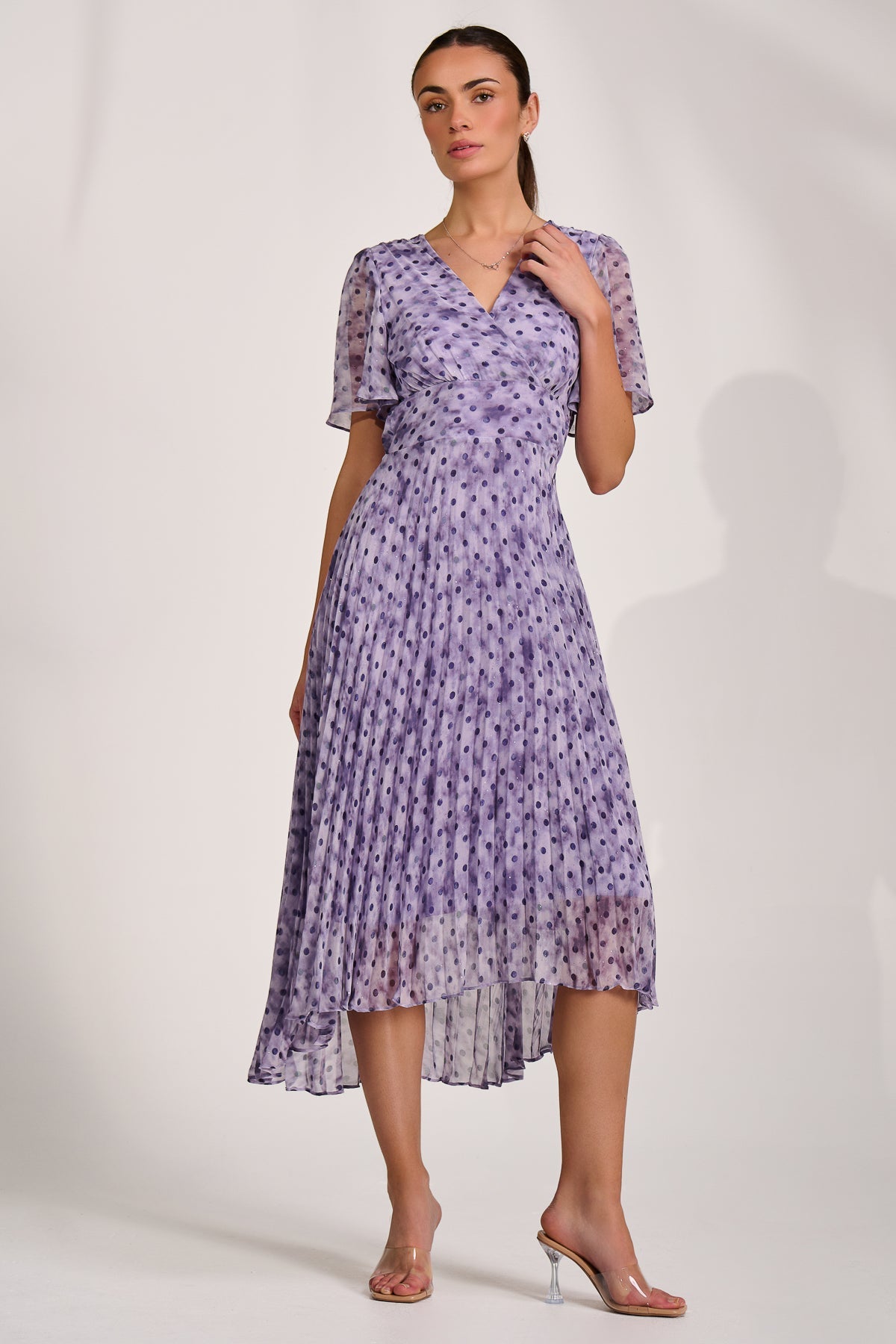 Printed Chiffon Glitter Maxi Dress Blue Spot Full Length View
