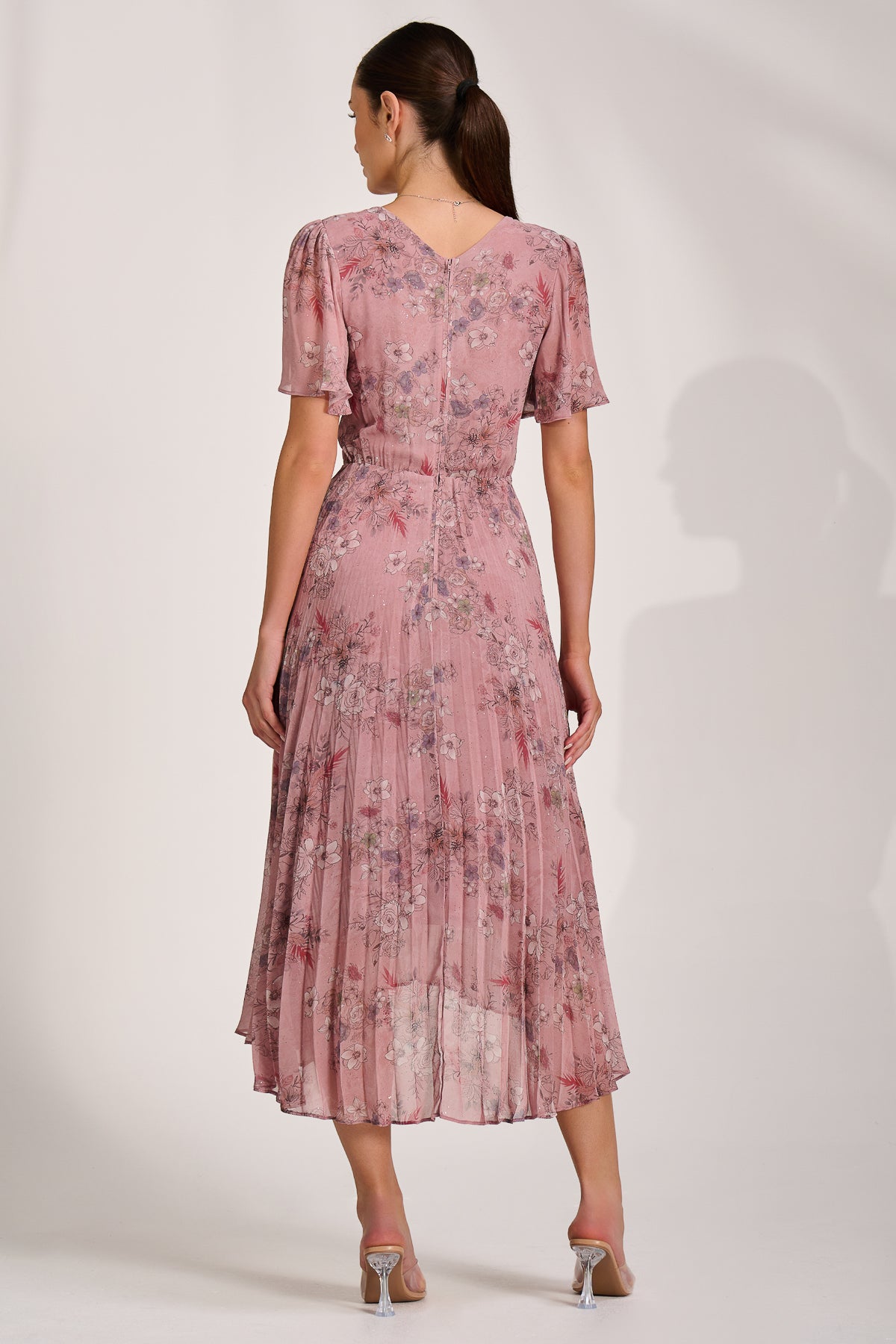 Printed Chiffon Glitter Maxi Dress pink floral Back View