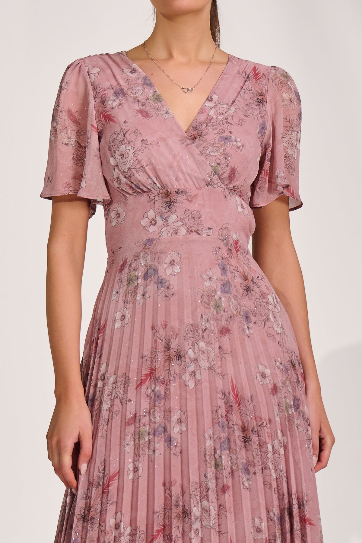 Printed Chiffon Glitter Maxi Dress pink floral Styled View