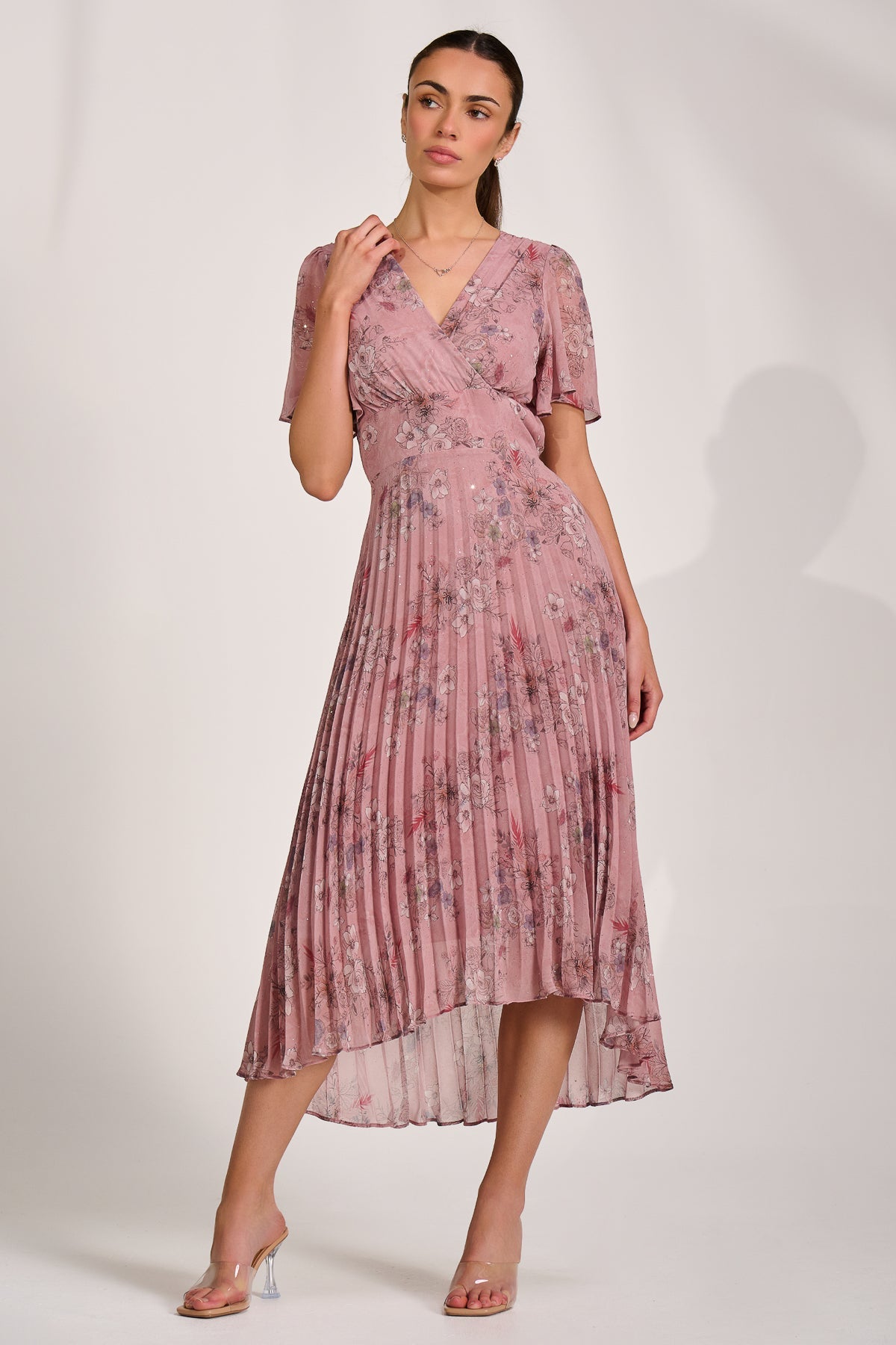 Printed Chiffon Glitter Maxi Dress pink floral Side View