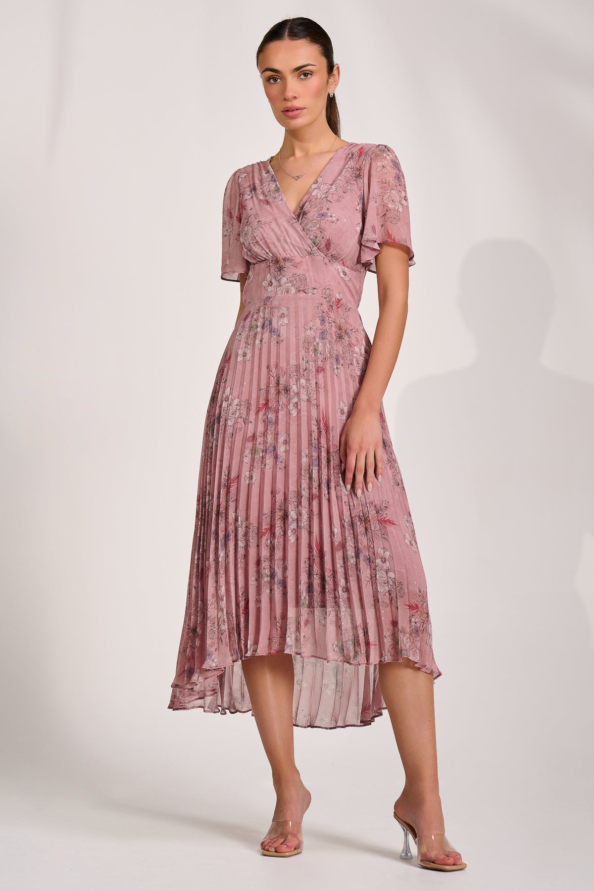 Printed Chiffon Glitter Maxi Dress pink floral Detail View