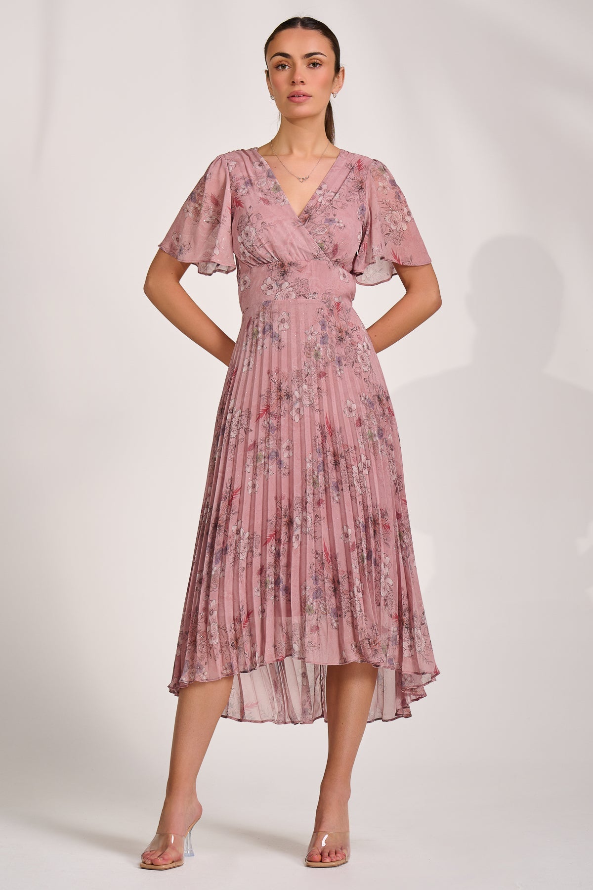 Printed Chiffon Glitter Maxi Dress pink floral Full Length View