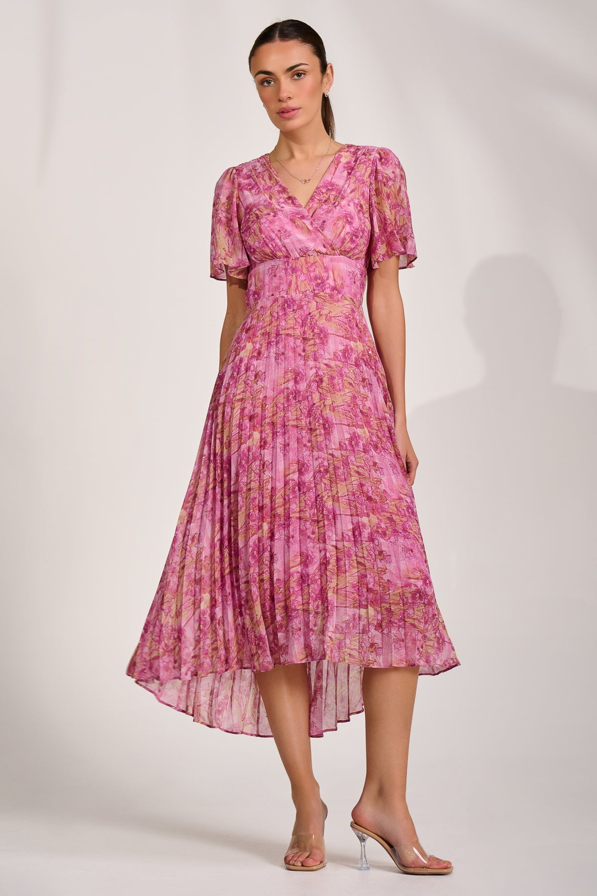 Printed Chiffon Glitter Maxi Dress Styled View