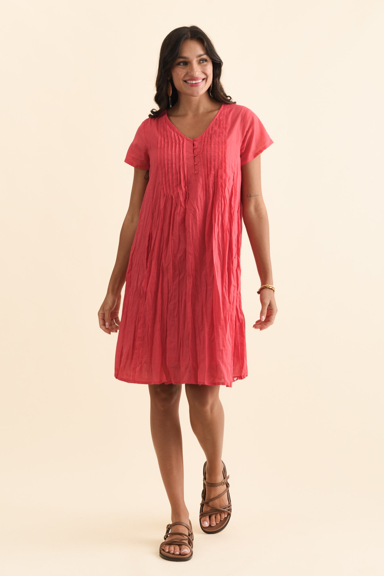 Sabina Cherry Crinkle Cotton Dress Front View
