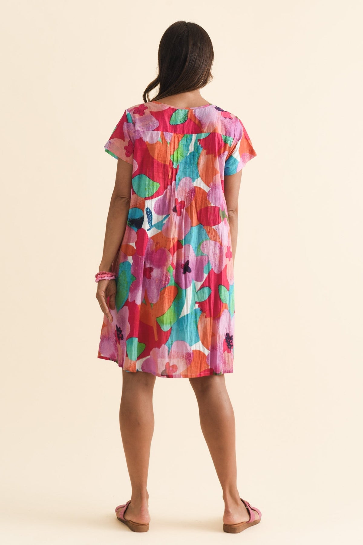 Sabina Pink Floral Crinkle Cotton Dress Side View