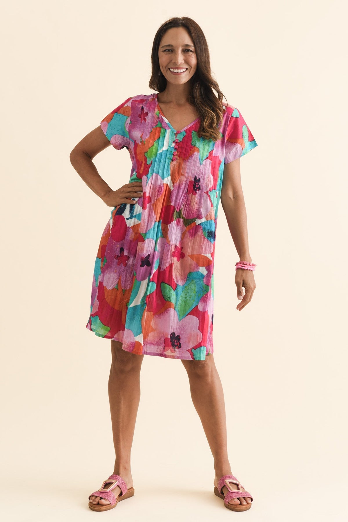 Sabina Pink Floral Crinkle Cotton Dress Full Length View
