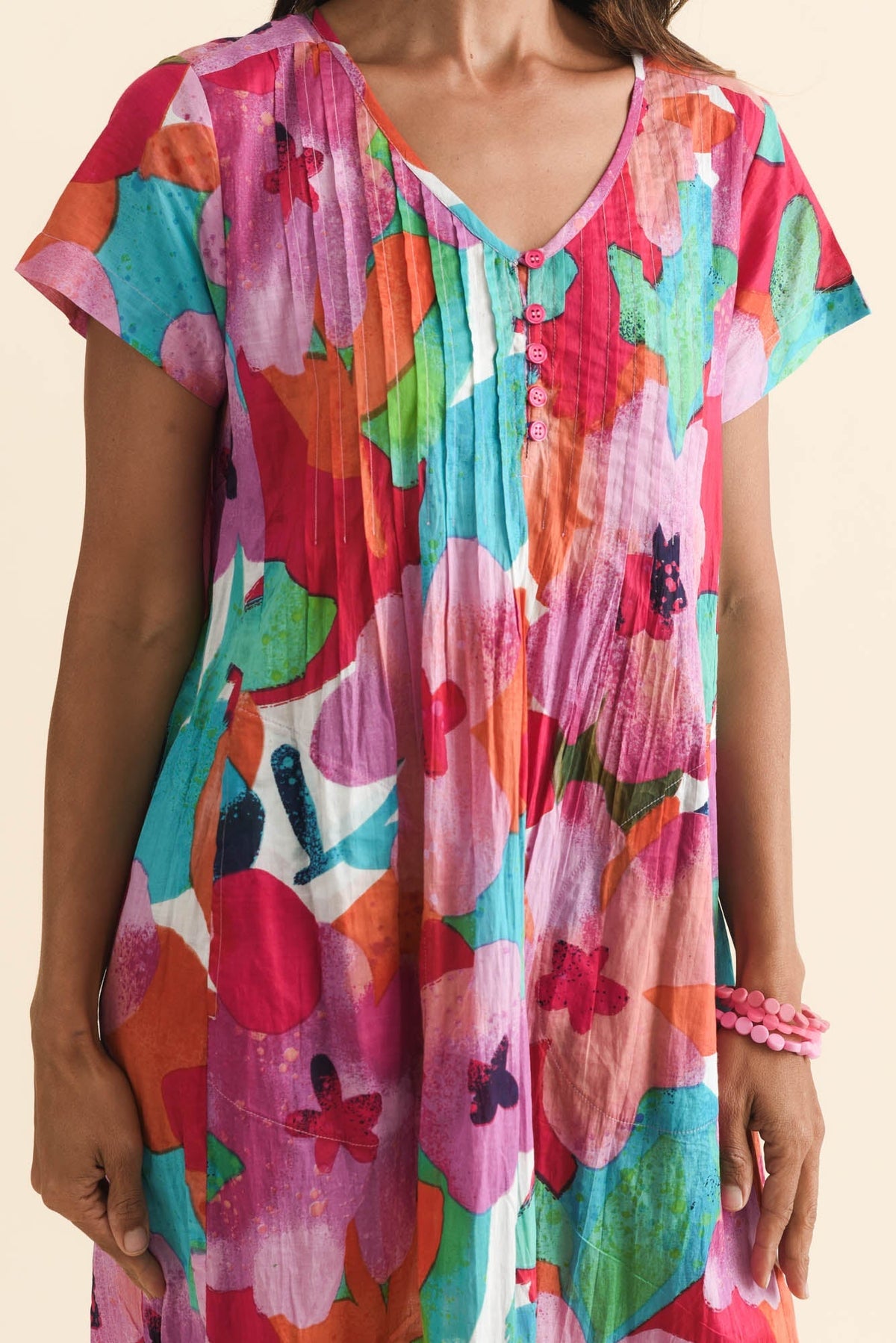 Sabina Pink Floral Crinkle Cotton Dress Detail View