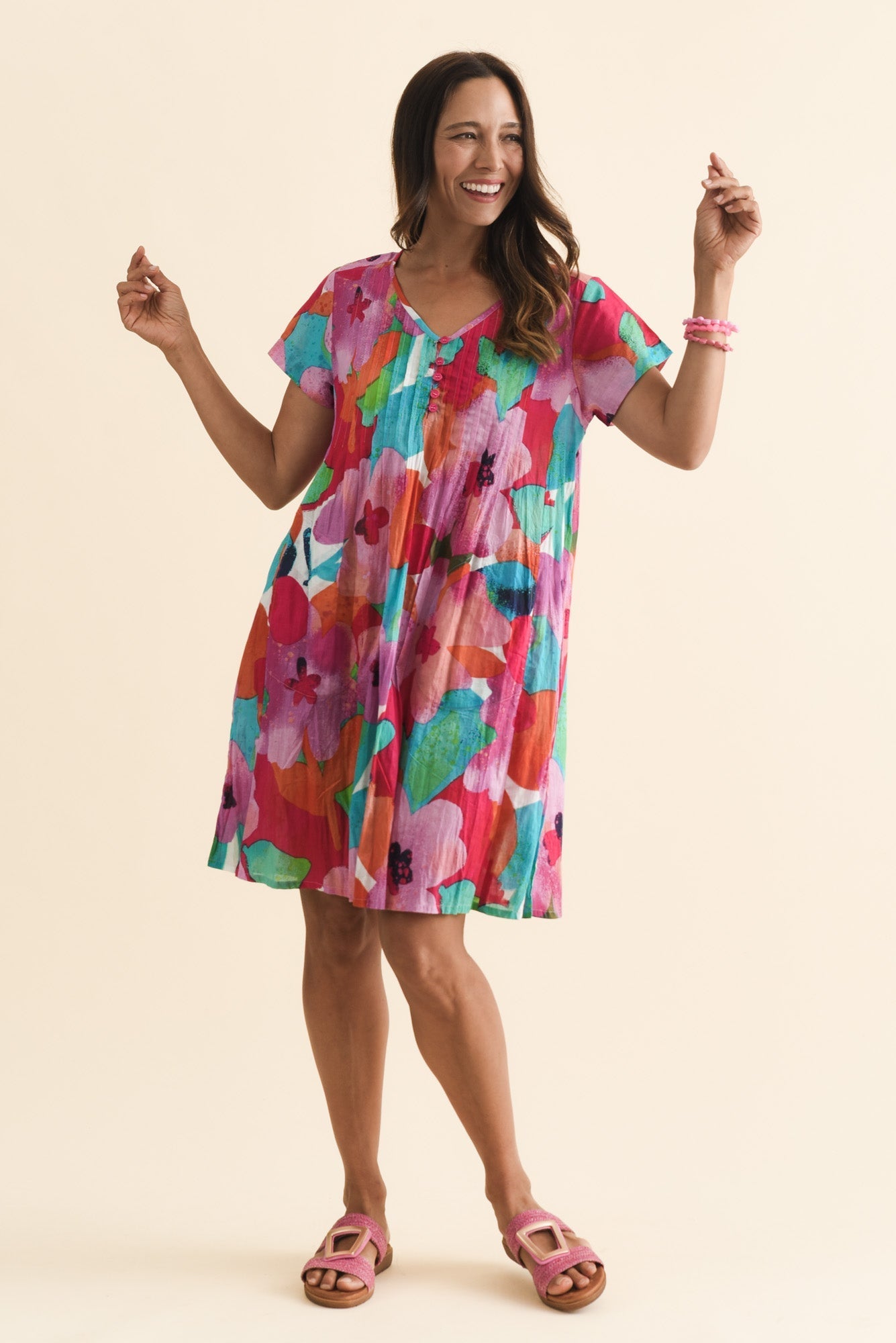 Sabina Pink Floral Crinkle Cotton Dress Front View 2