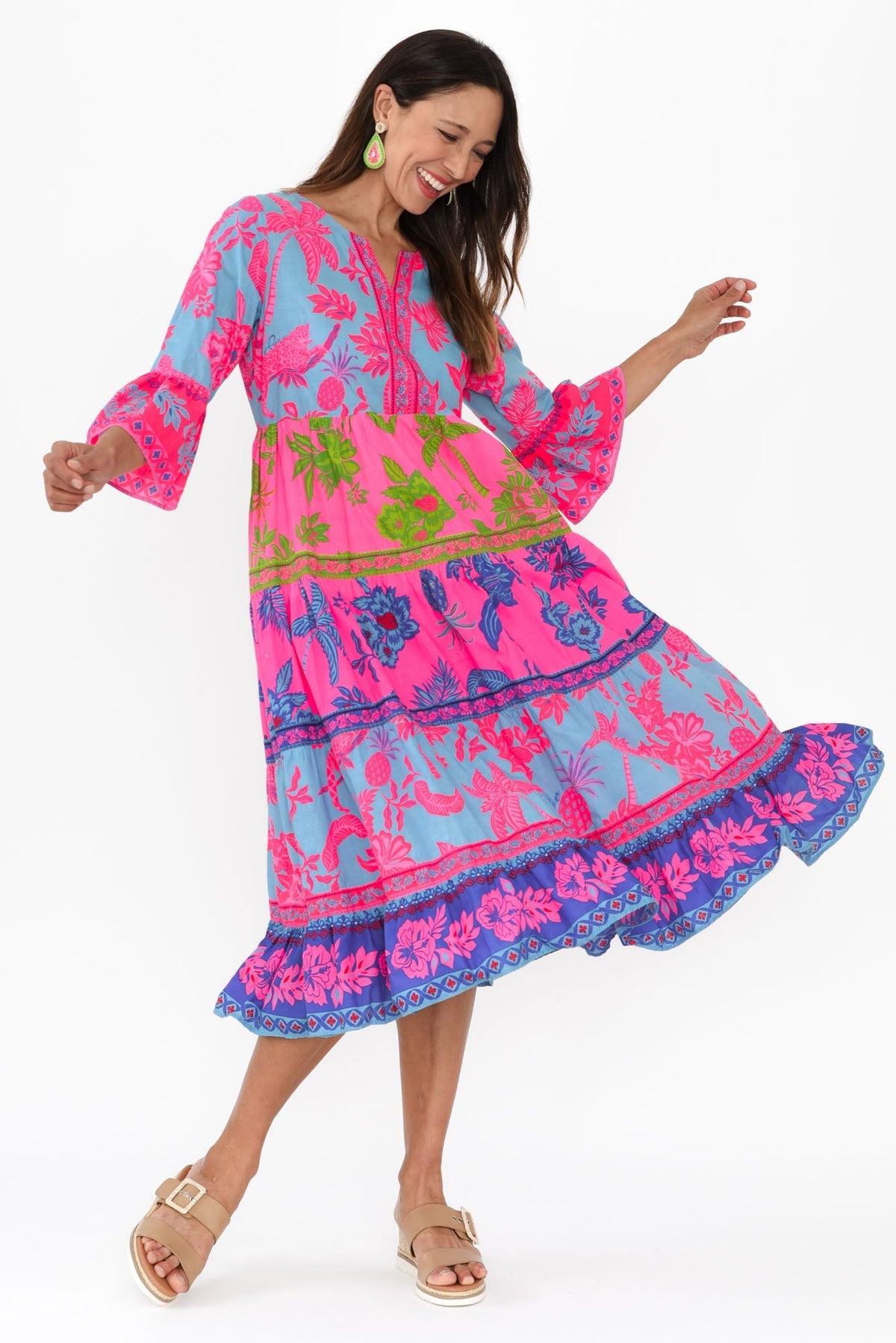 Samara Pink Pineapple Cotton Tier Dress Full Length View