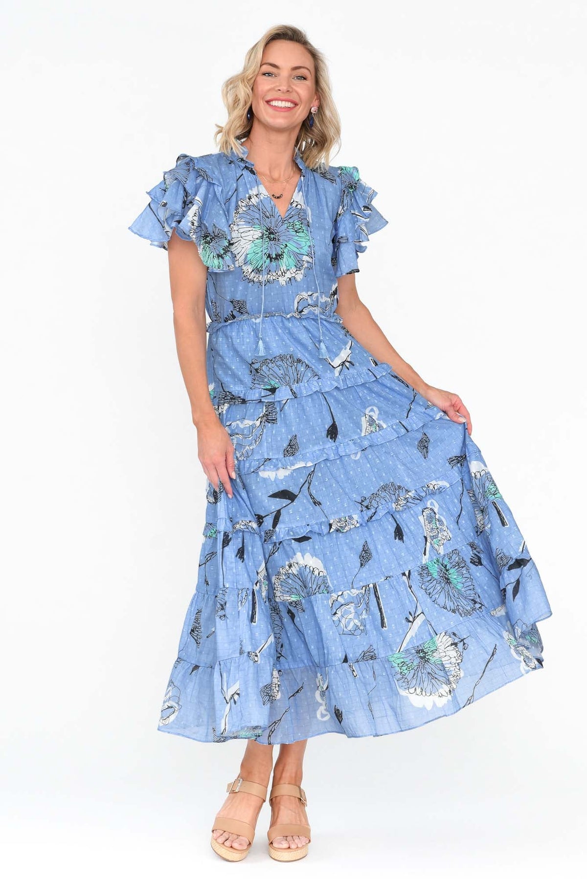 Sana Blue Dandelion Cotton Frill Dress Full Length View