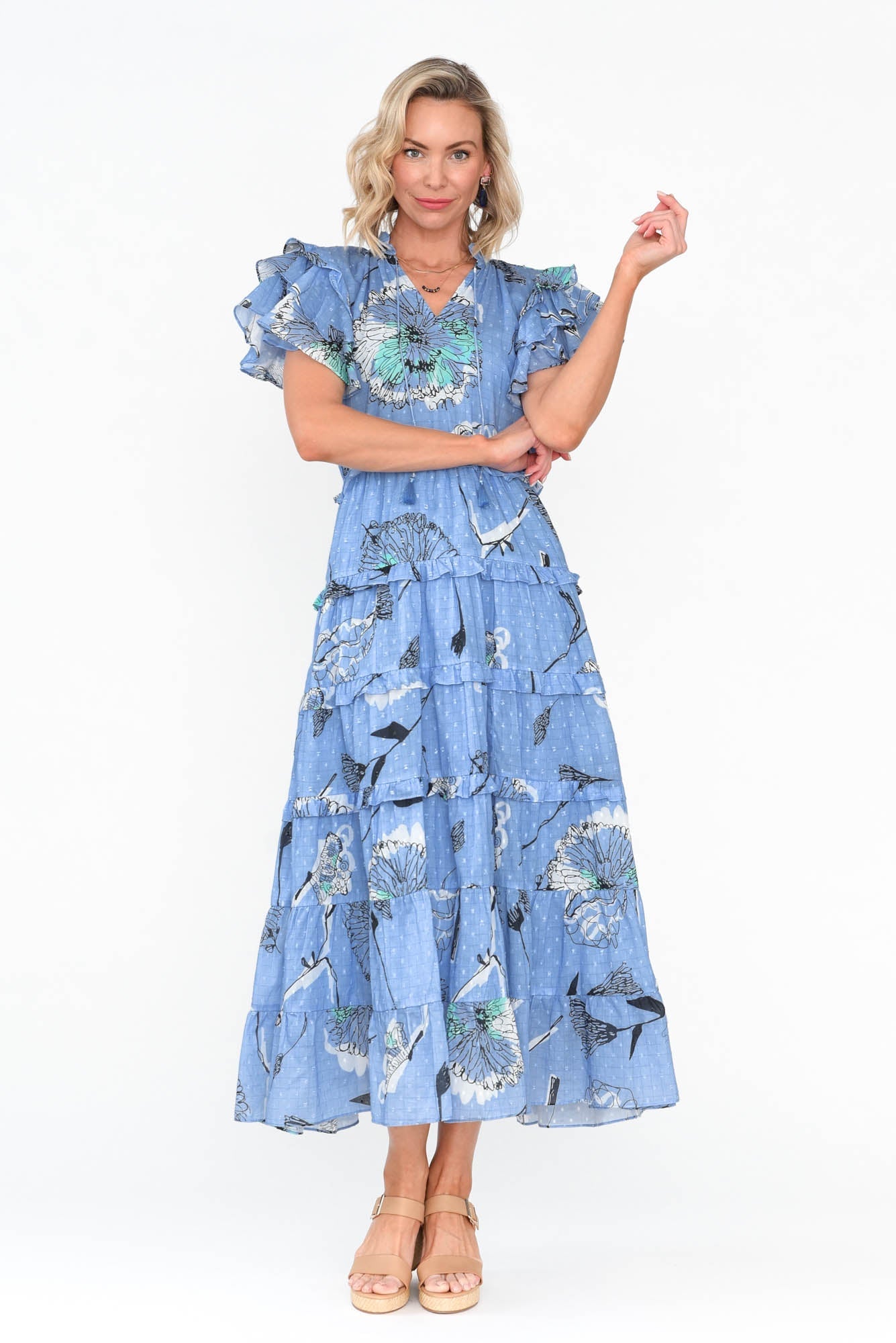 Sana Blue Dandelion Cotton Frill Dress Front View